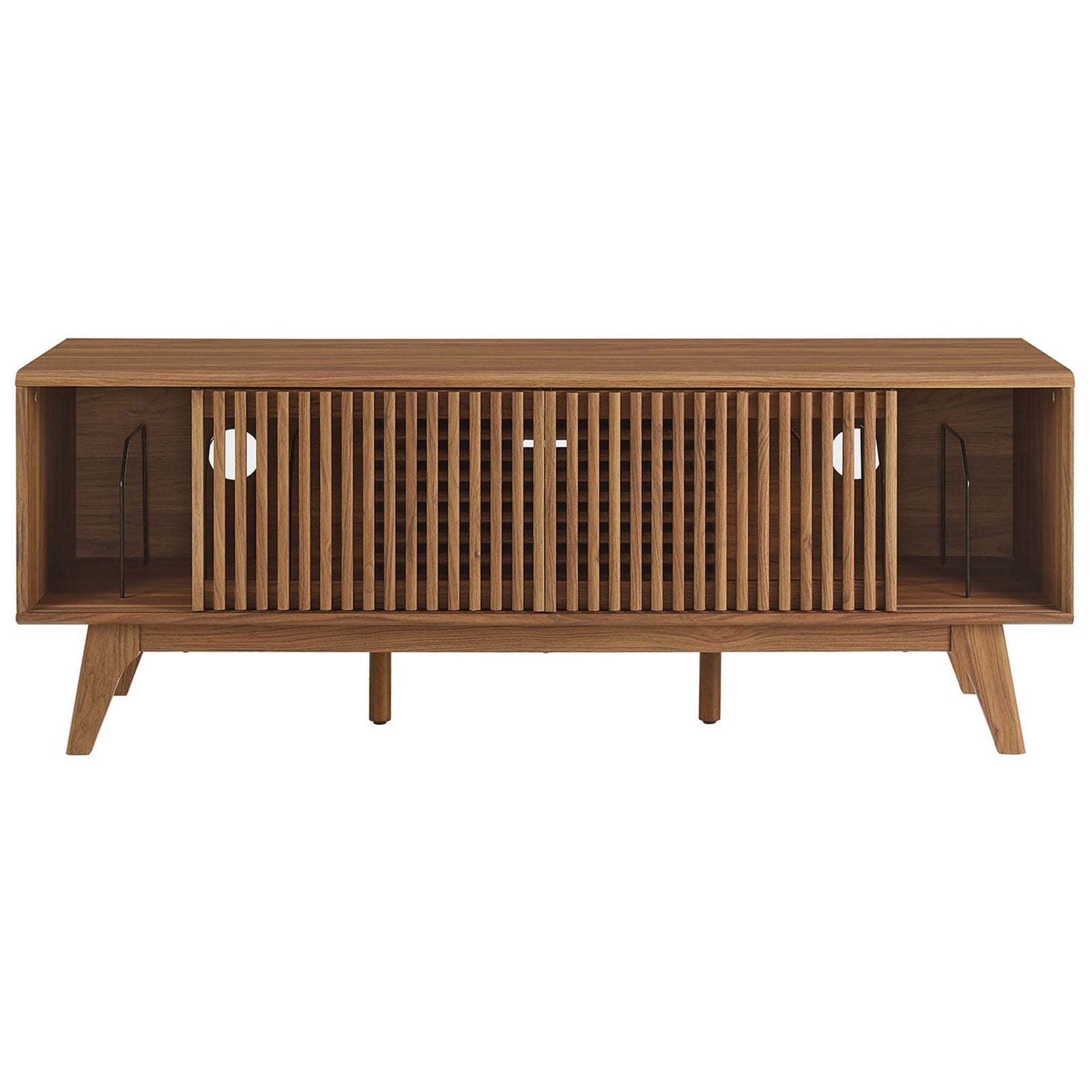Walnut TV stand with outer bays open, revealing wide open shelves ideal for components, books, or decor || EEI-6180-WAL || front_open_studio