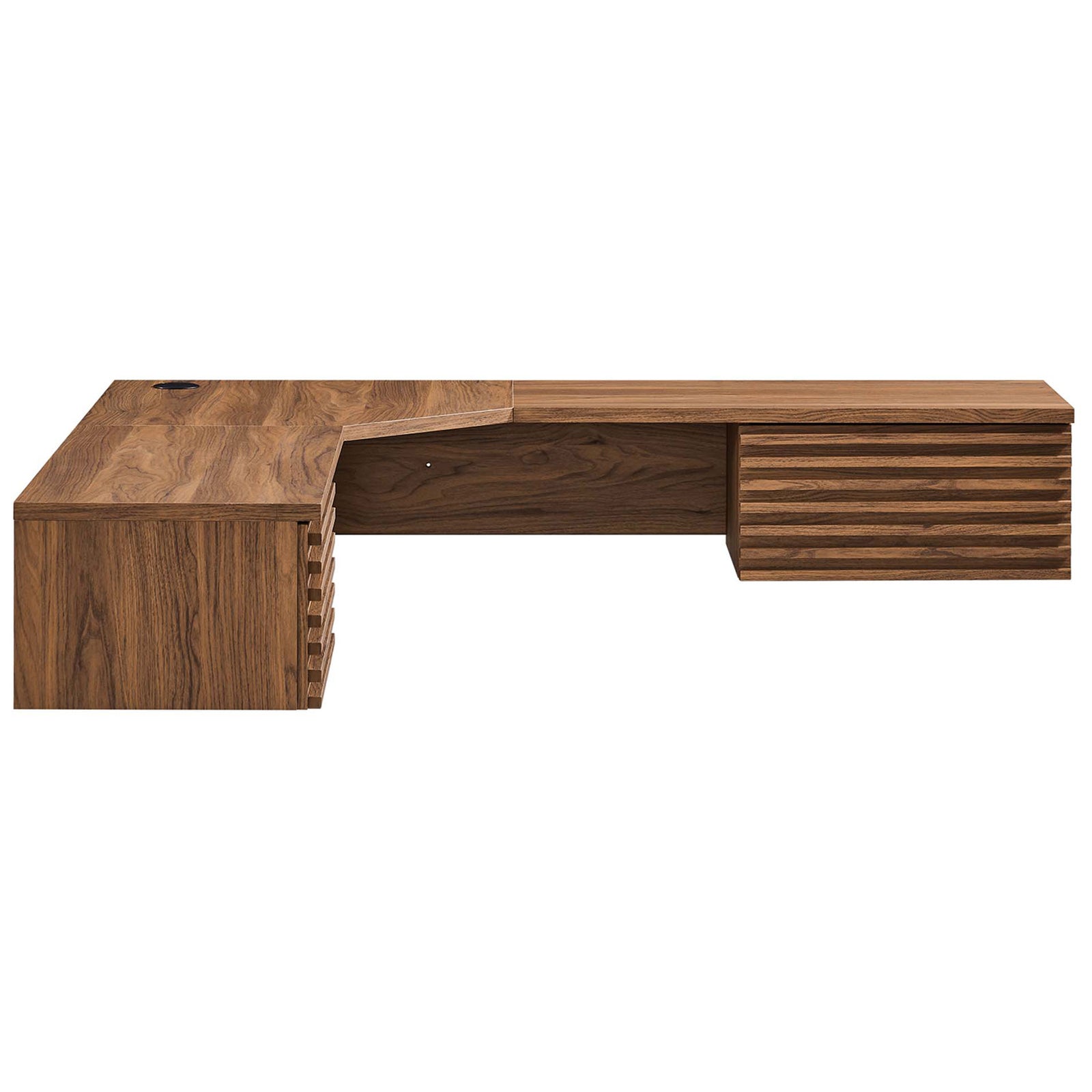 Sleek L-shaped desktop with ribbed drawer face and wood grain laminate || EEI-6181-WAL || side_studio