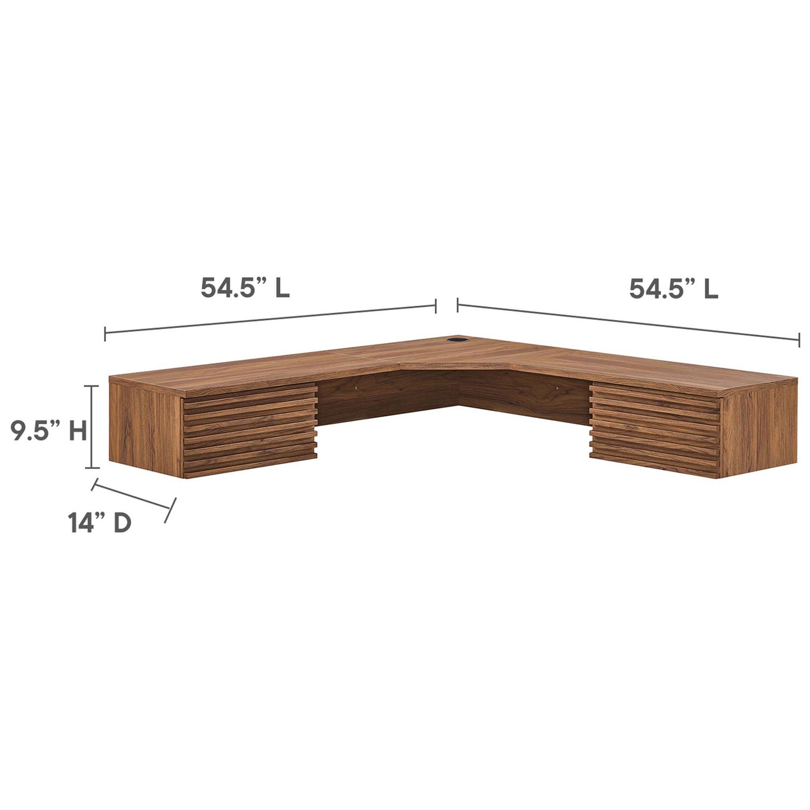 Corner desk measures 54.5 inches each side, 9.5 inches high, and 14 inches deep || EEI-6181-WAL || dimension_studio