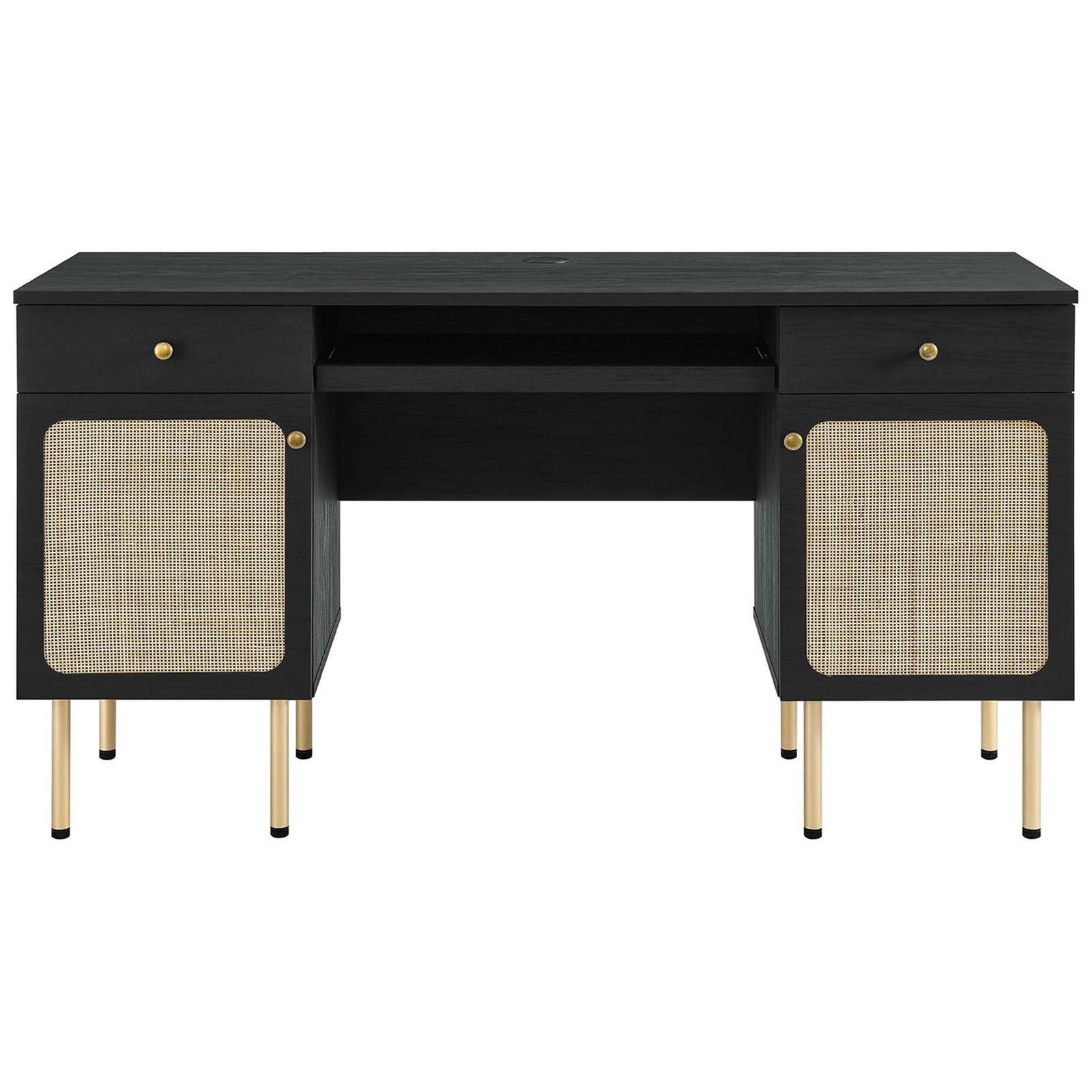 Spacious desktop with open shelf, dual drawers, and rattan doors in natural cane || EEI-6199-BLK || front_studio