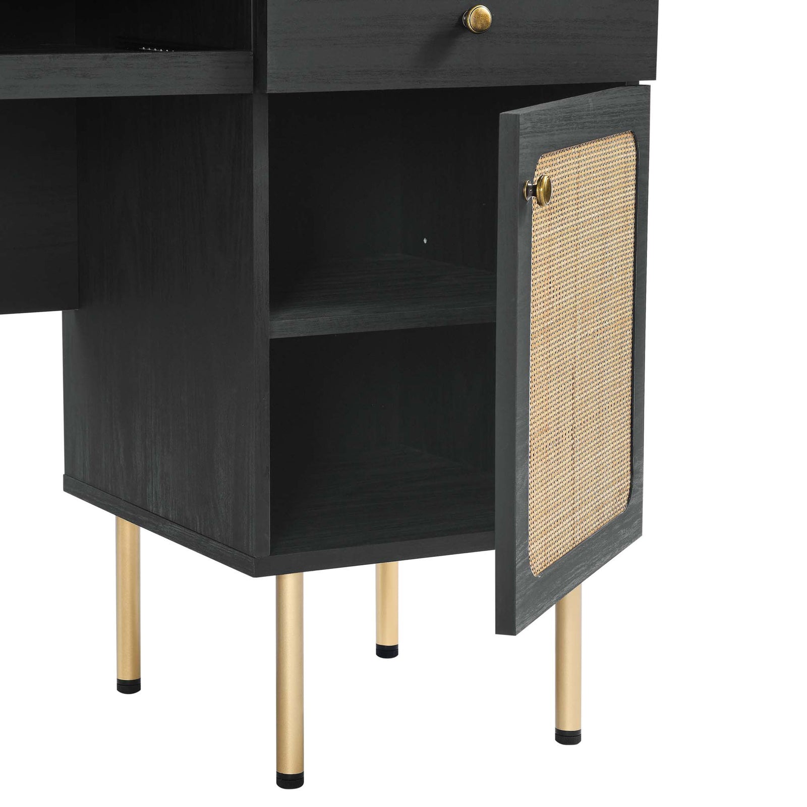 Hinged cabinet open to reveal height-adjustable shelves behind a rattan panel door || EEI-6199-BLK || storage_open_studio