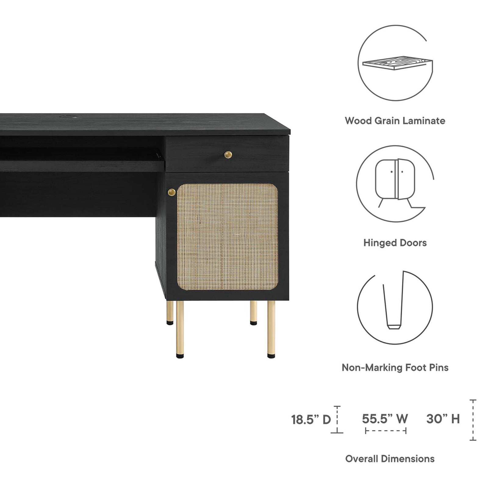 Feature highlights and overall dimensions for the Chaucer office desk || EEI-6199-BLK || dimension_studio