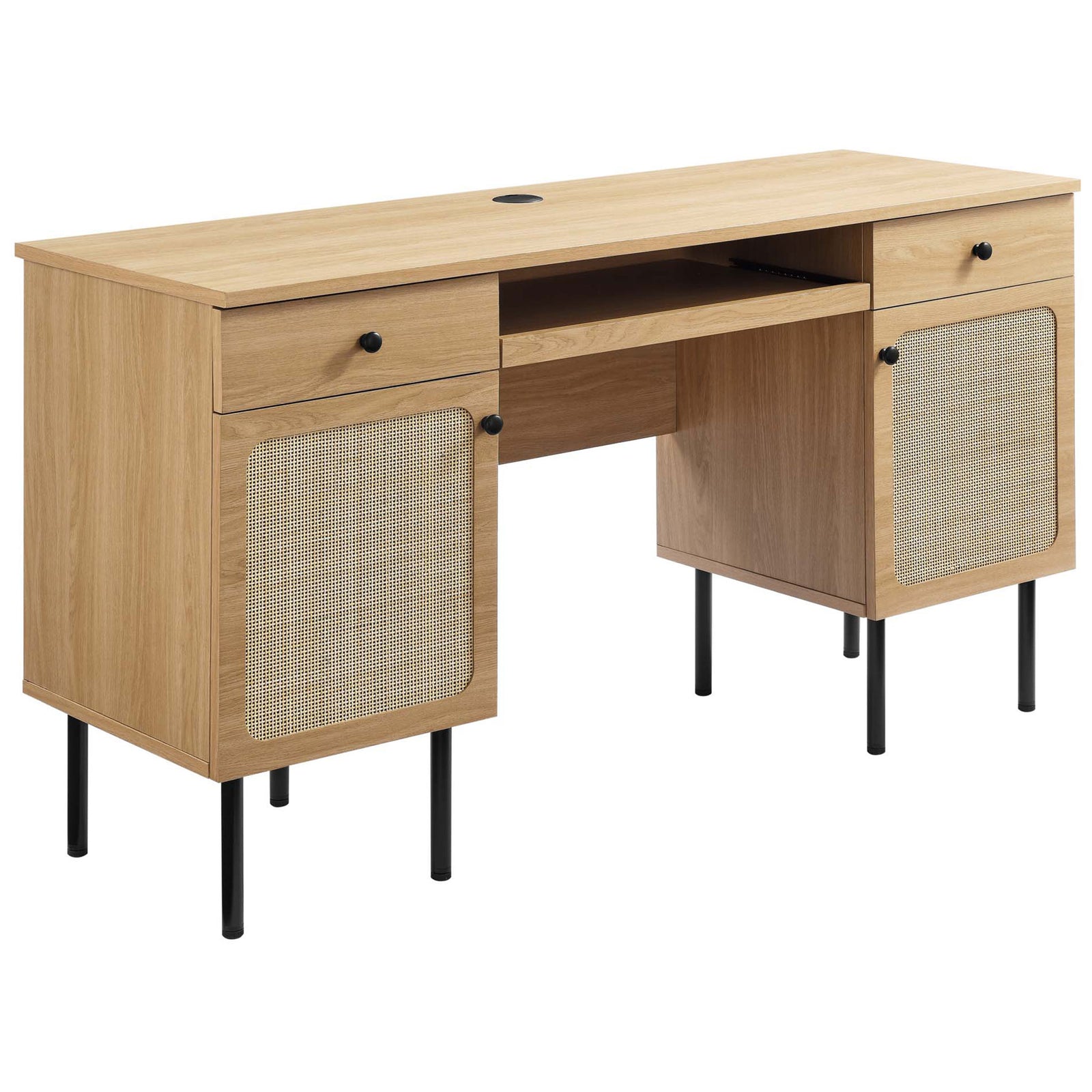 Oak desk with rattan doors, dual drawers, pull-out keyboard tray, and black legs for modern warmth || EEI-6199-OAK || front_angle_studio