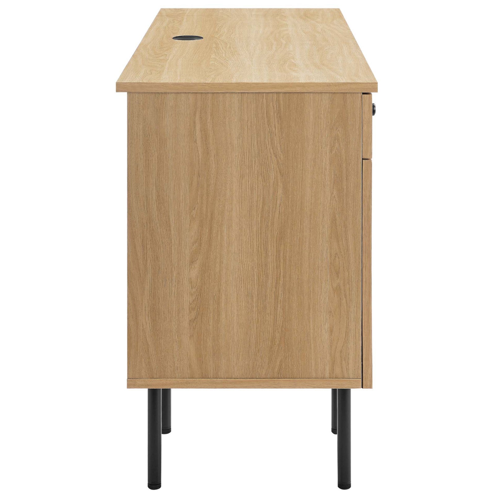 Streamlined oak desk with desktop grommet and slim black legs || EEI-6199-OAK || side_studio