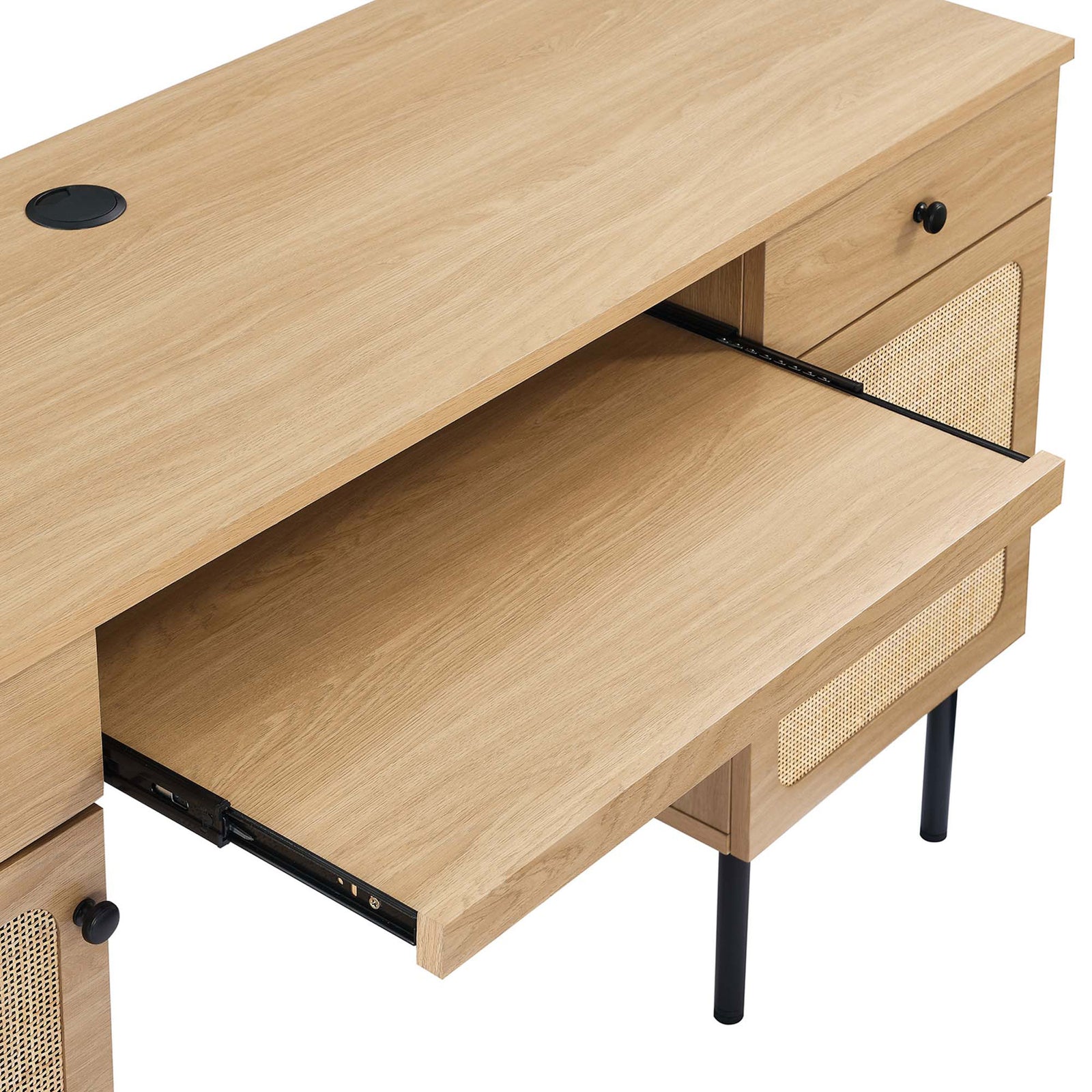 Smooth-glide keyboard tray extends for ergonomic typing and easy access || EEI-6199-OAK || storage_open_studio