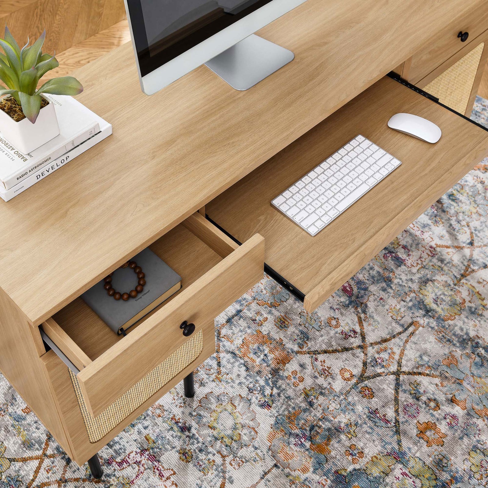 Keyboard tray and drawer open to reveal practical storage in a warm oak finish || EEI-6199-OAK || storage_open_room