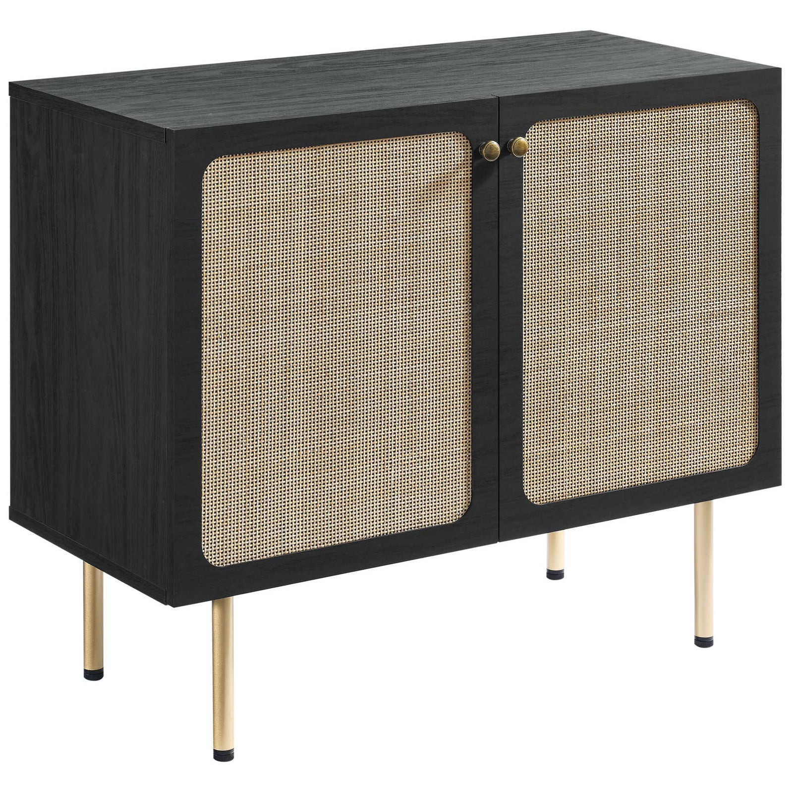 Textured black cabinet highlighting cane doors and slim gold legs for an airy, organic look || EEI-6200-BLK || front_angle_studio
