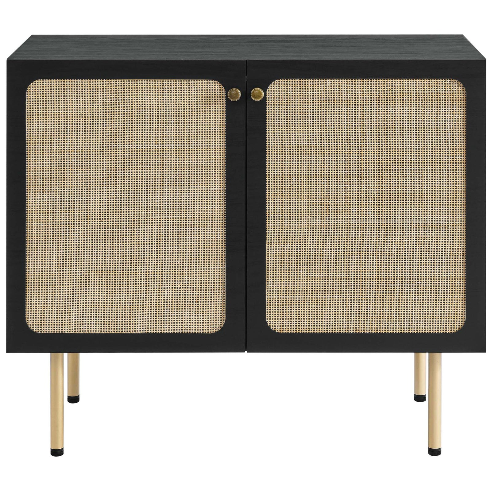 Black accent cabinet with woven rattan doors and sleek metal legs for modern storage || EEI-6200-BLK || front_studio
