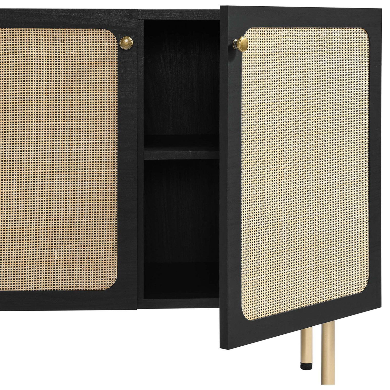 Open rattan cabinet revealing adjustable storage shelves for linens, tableware, or bar essentials || EEI-6200-BLK || storage_open_studio