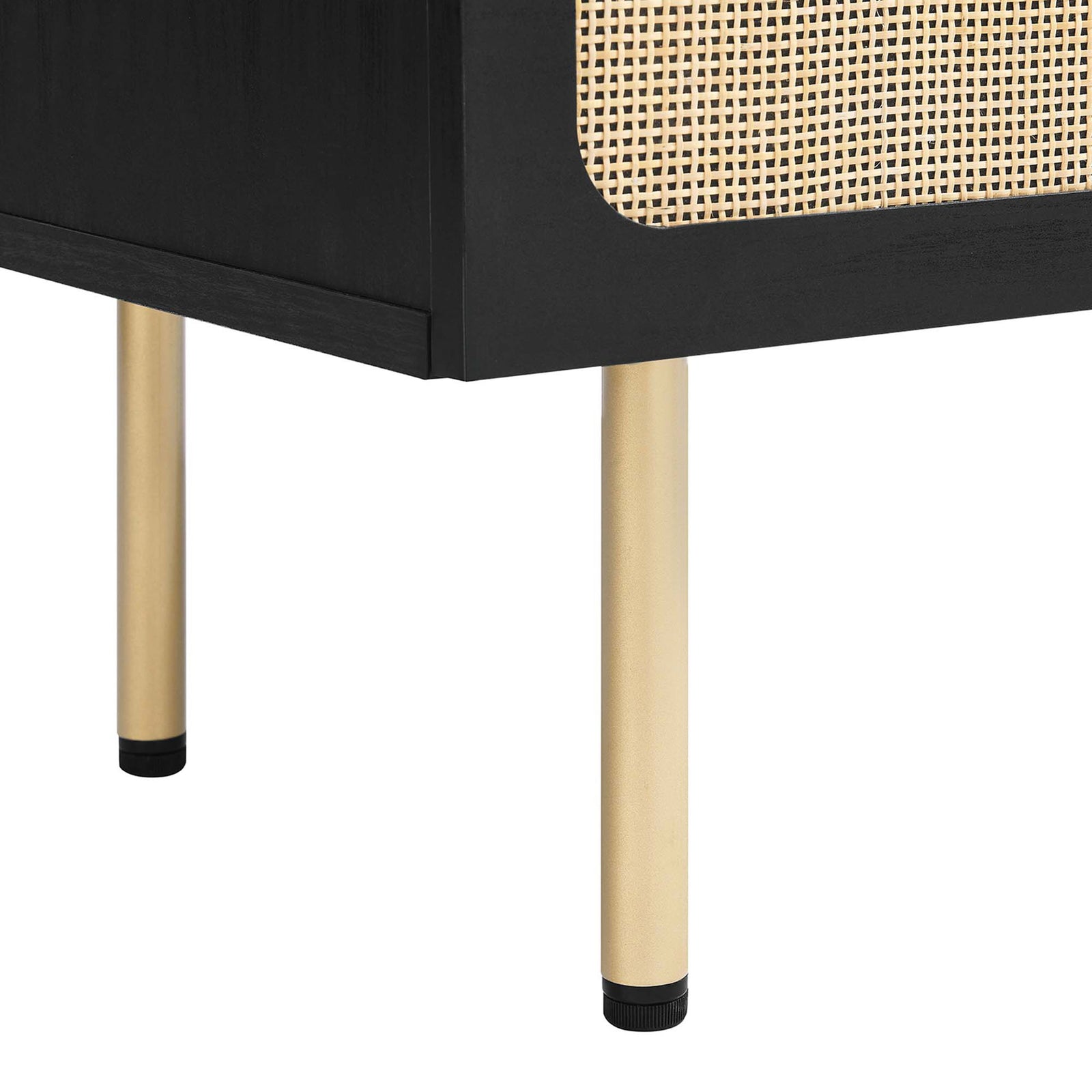 Tapered gold-tone legs with non marking foot caps lift the black cabinet lightly off the floor || EEI-6200-BLK || leg_studio