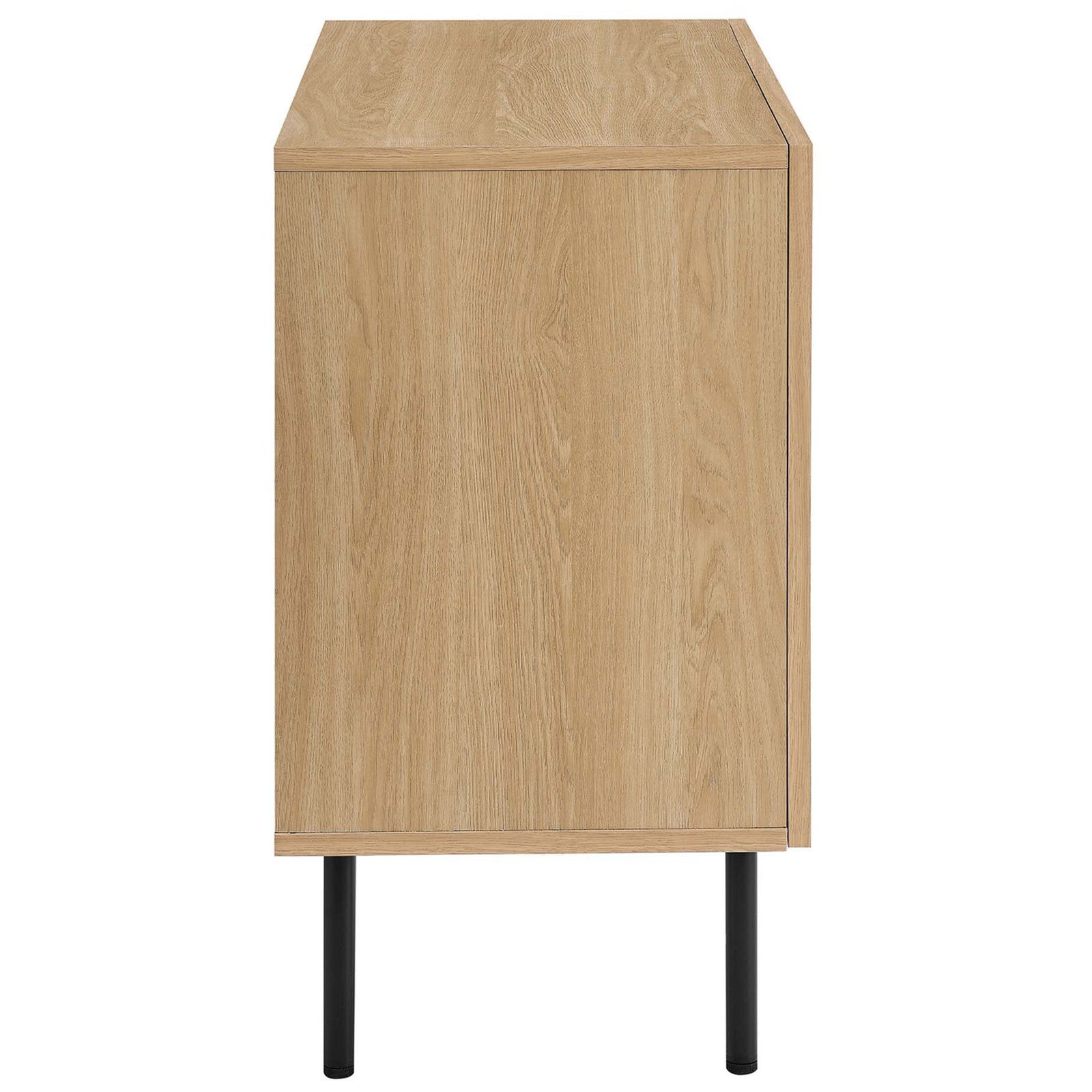 Streamlined oak cabinet profile with subtle wood grain and elevated leg design || EEI-6200-OAK || side_studio