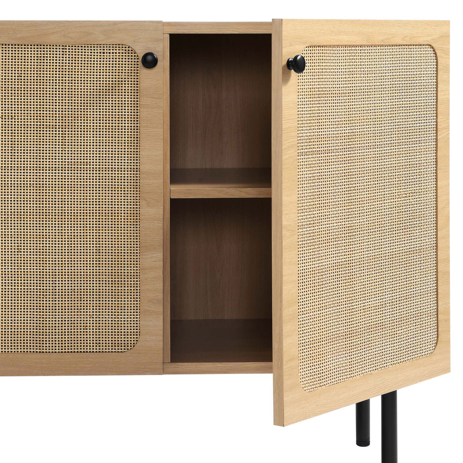 Open oak cabinet revealing spacious storage shelves for dishes, books, or barware || EEI-6200-OAK || storage_open_studio