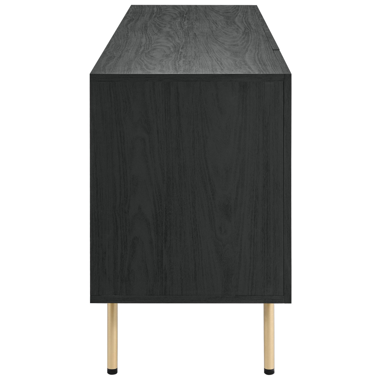 Slim black sideboard profile with wood grain finish and elevated gold-tone metal legs || EEI-6201-BLK || side_studio