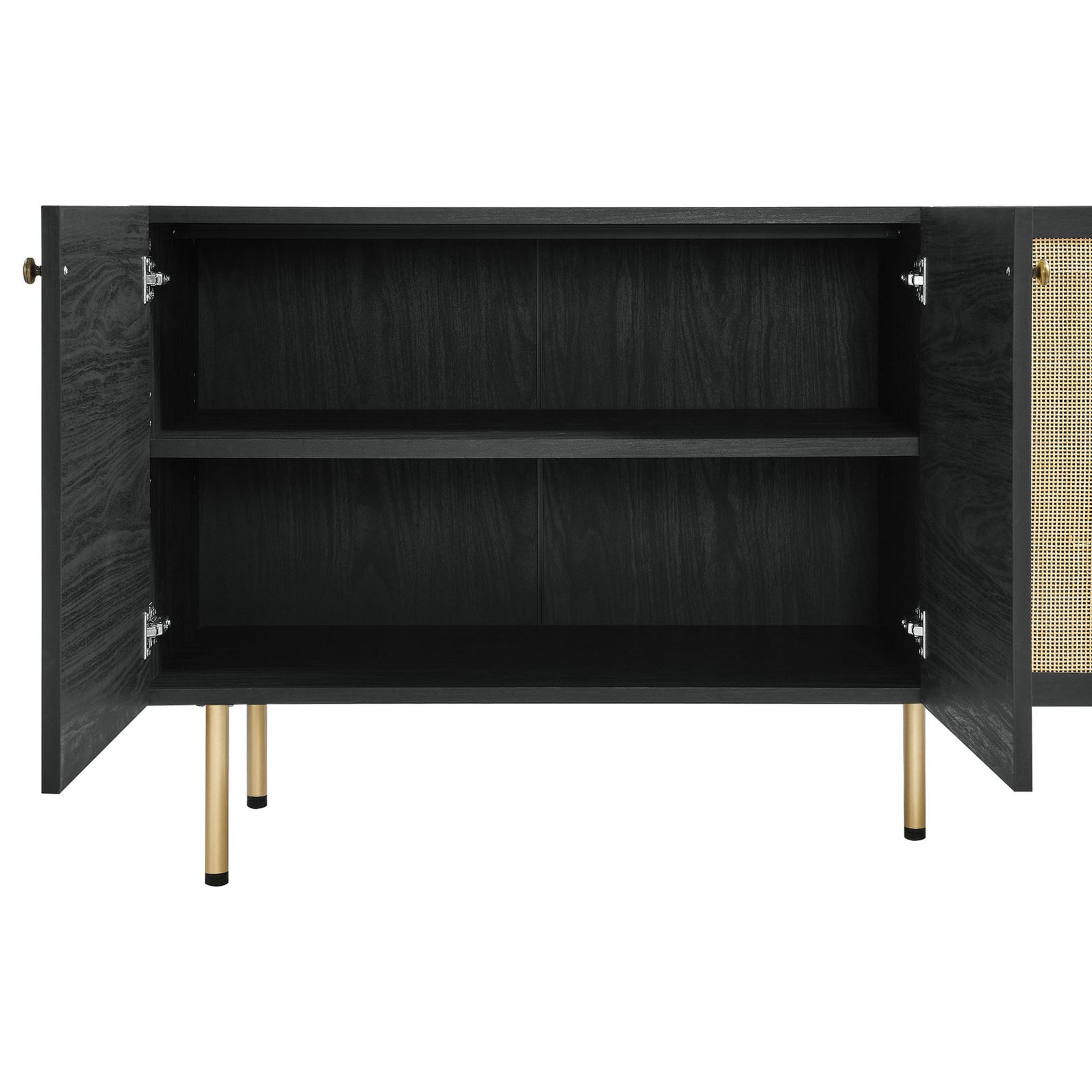 Interior shelving of the black sideboard with adjustable shelf space behind open woven doors || EEI-6201-BLK || storage_open_studio