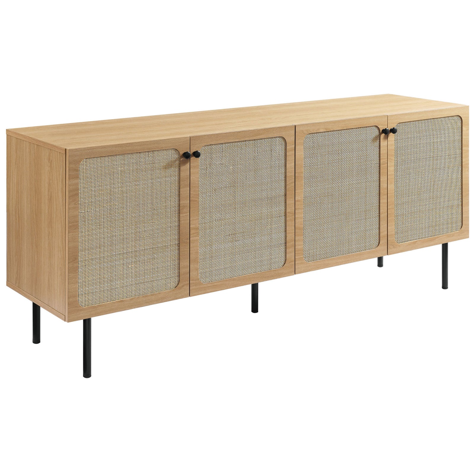 Spacious oak sideboard featuring textured rattan doors and modern black legs || EEI-6201-OAK || front_angle_studio