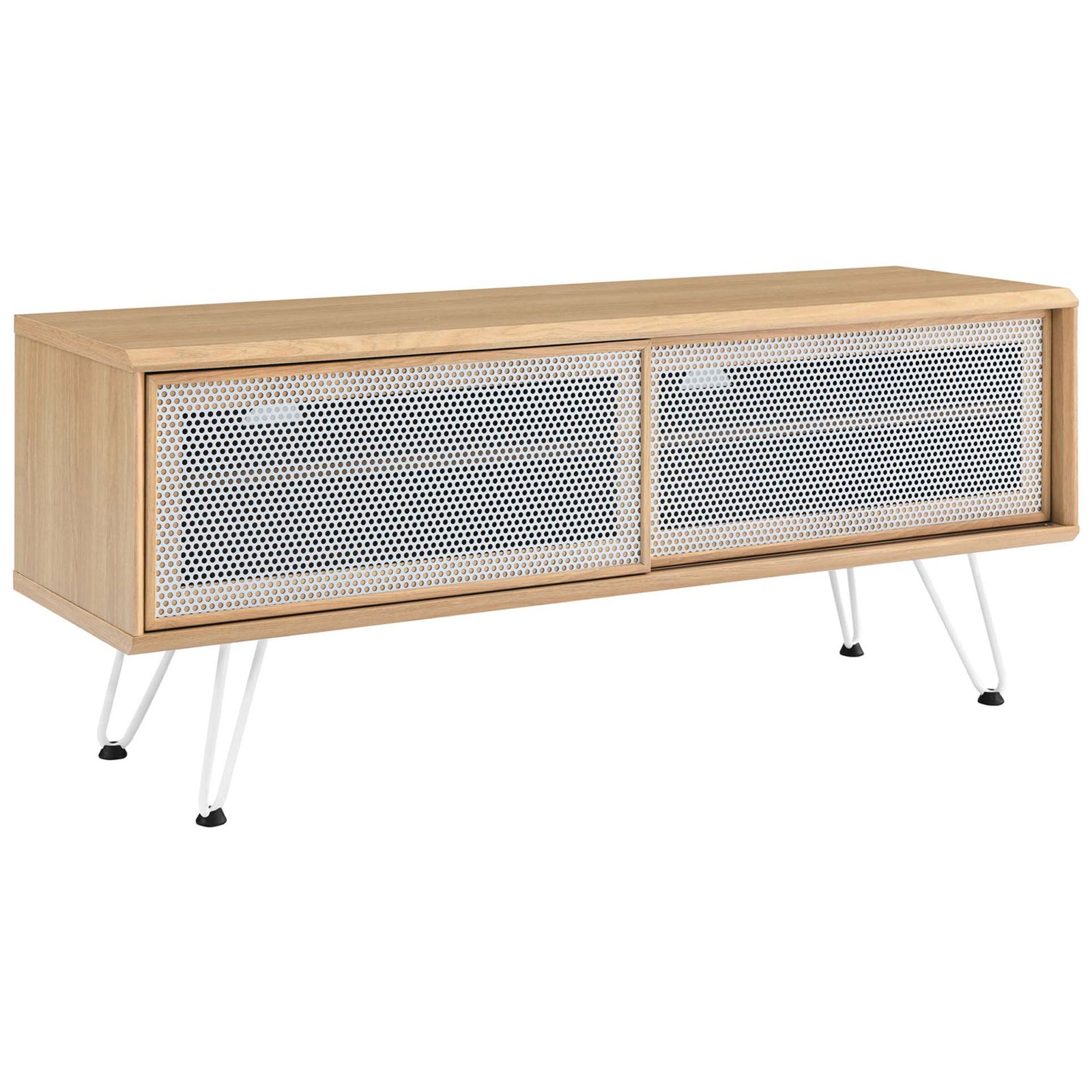 Oak 47 inch TV stand with wide white mesh sliding doors and slim white hairpin legs for compact media spaces || EEI-6202-OAK || front_angle_studio