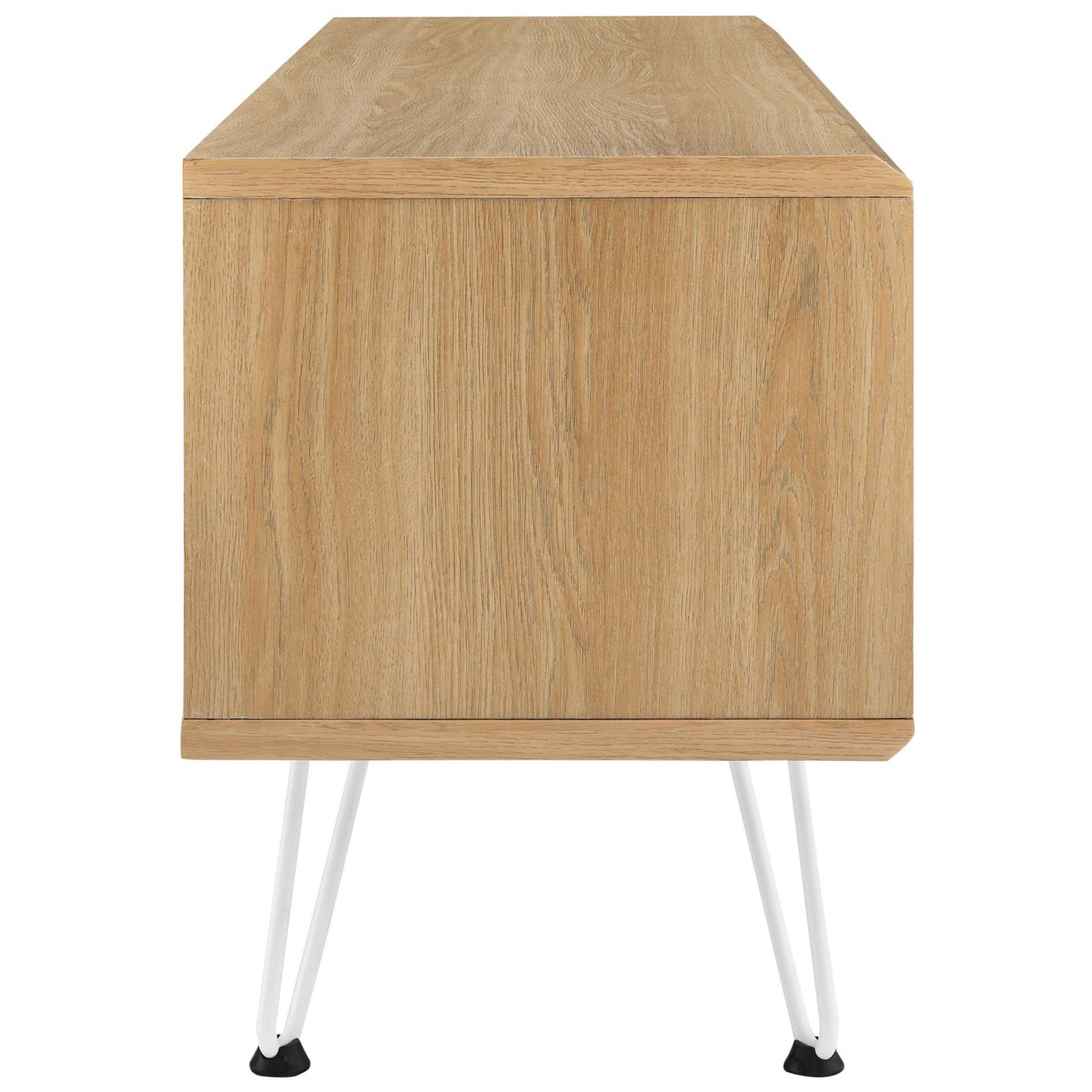 Slim oak TV stand profile emphasizing the wood grain cabinet and angled white hairpin legs || EEI-6202-OAK || side_studio