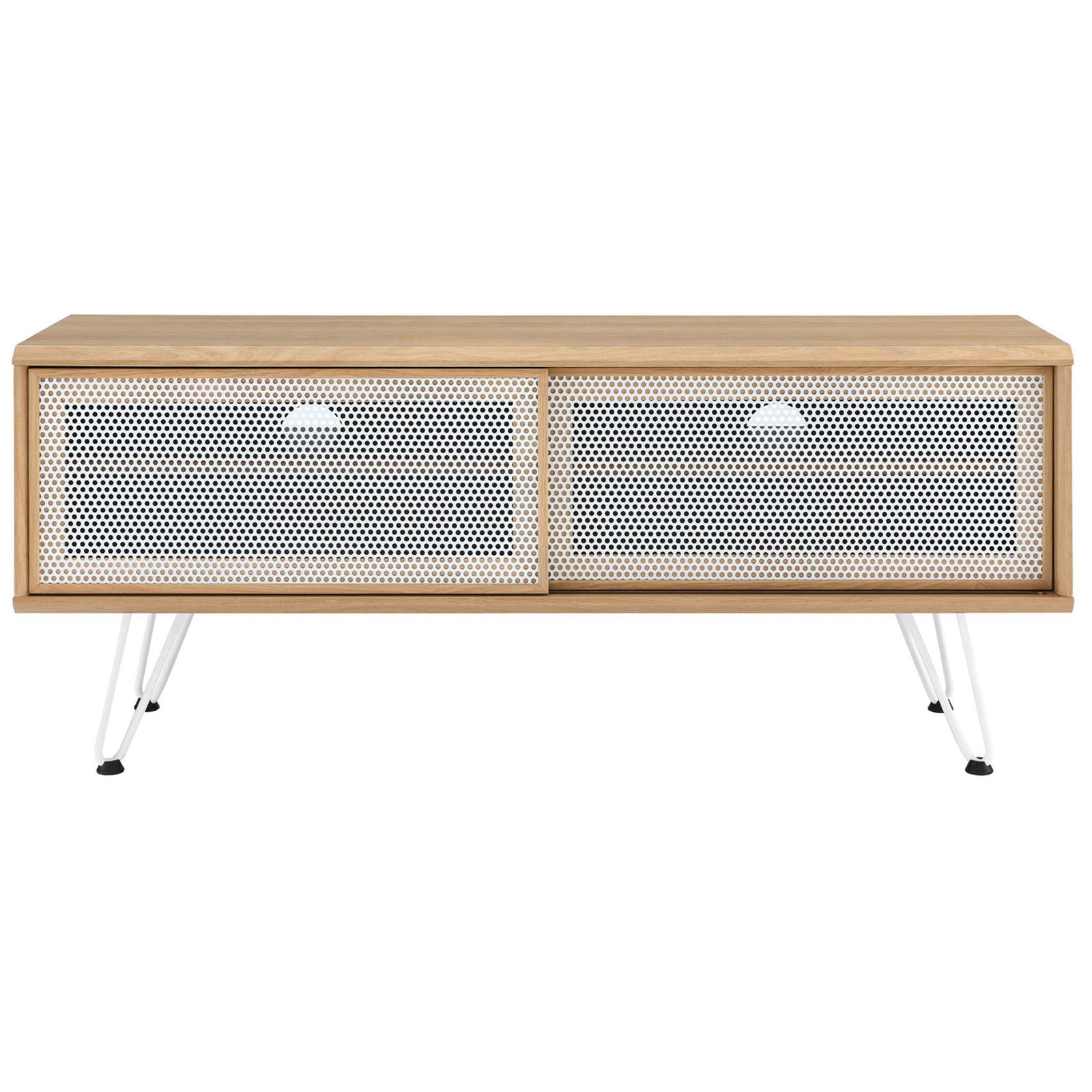 Oak 47 inch TV stand with two white mesh sliding doors for concealed storage and a clean modern look || EEI-6202-OAK || front_studio