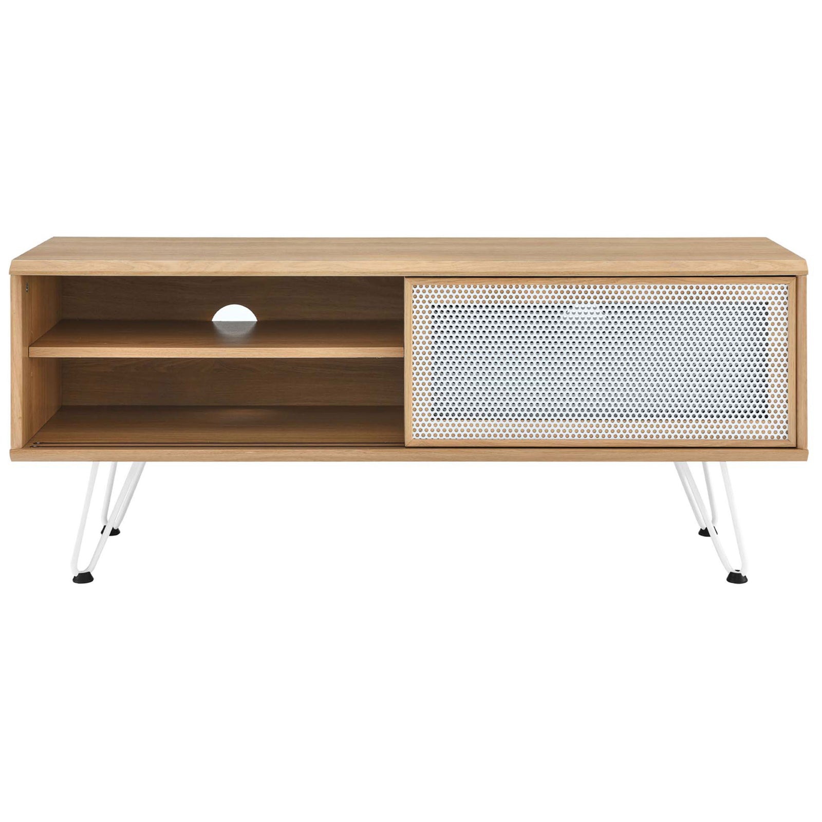 Oak TV stand with left side of the cabinet open, revealing adjustable shelving and rear cable management cutout || EEI-6202-OAK || front_open_studio