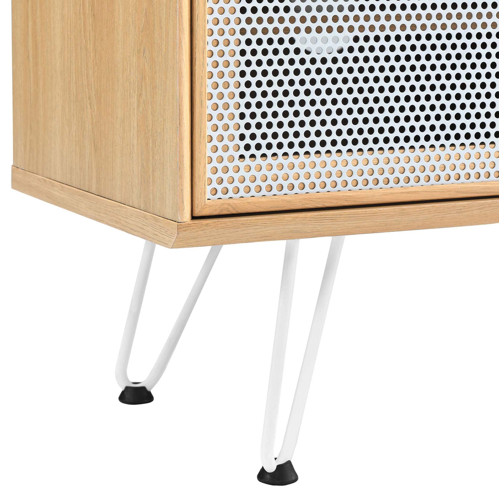 Oak TV stand corner with perforated white mesh door detail and slim white hairpin leg with black foot || EEI-6202-OAK || leg_studio