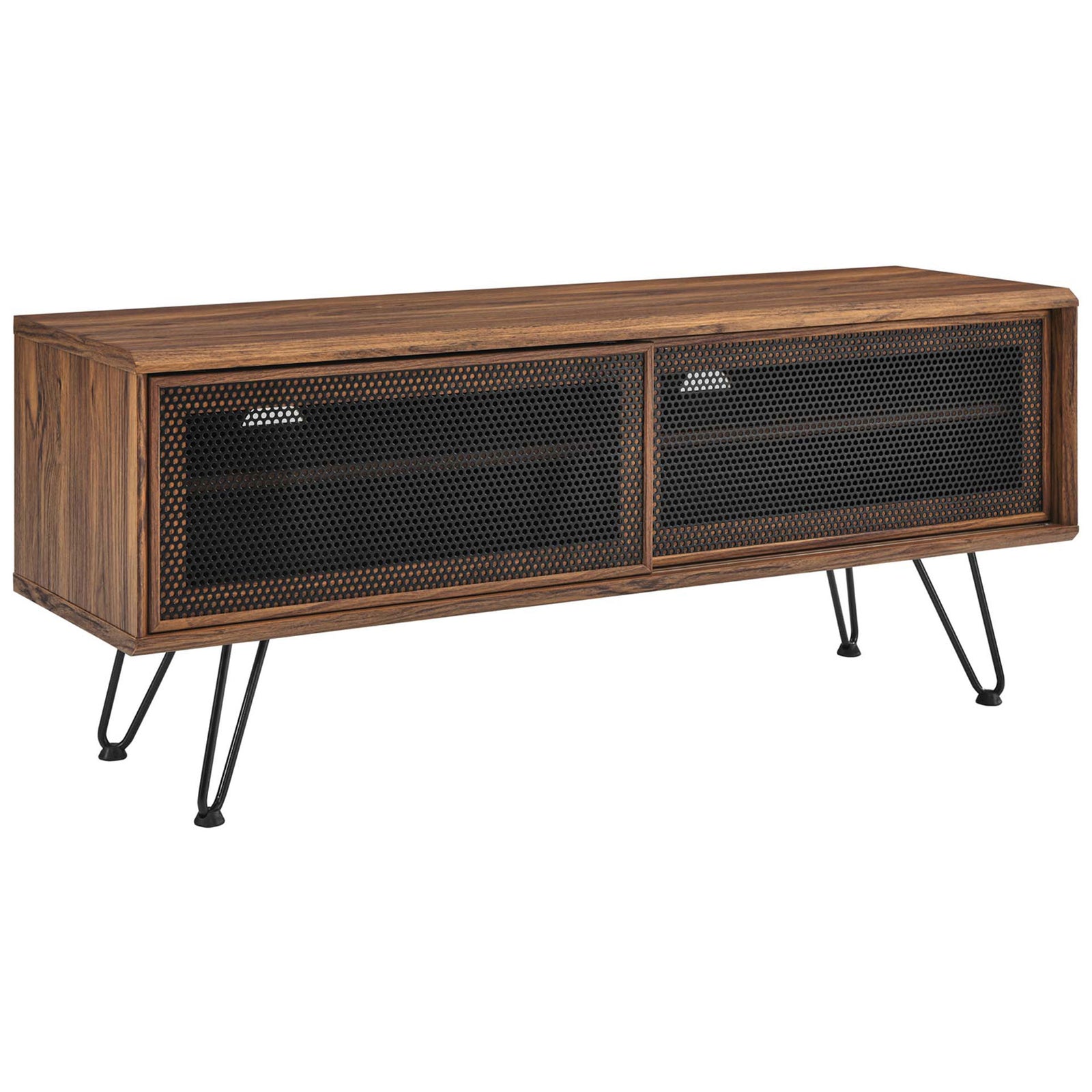 Walnut 47 inch TV stand with wide black mesh sliding doors and slim black hairpin legs for compact media areas || EEI-6202-WAL || front_angle_studio