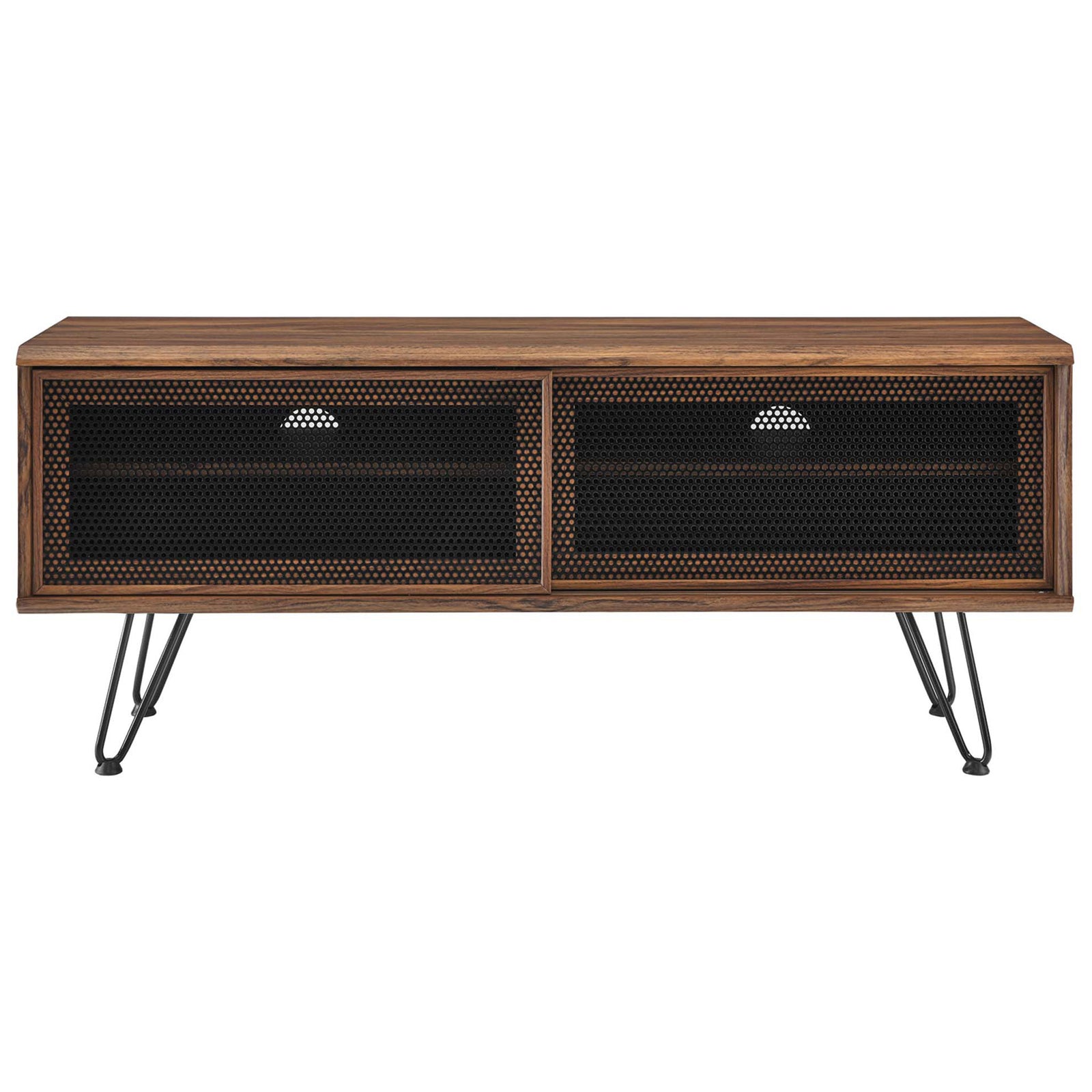 Walnut 47 inch TV stand with two black mesh sliding doors for concealed storage and a streamlined look || EEI-6202-WAL || front_studio