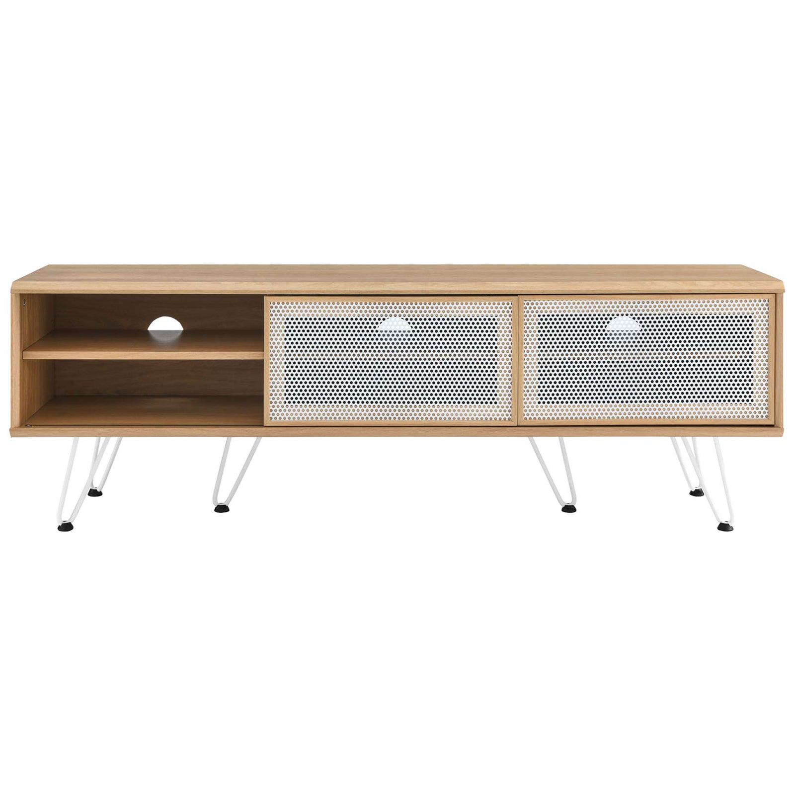 Oak TV stand with left door slid open to reveal adjustable shelving and rear cable management cutouts || EEI-6203-OAK || front_open_studio