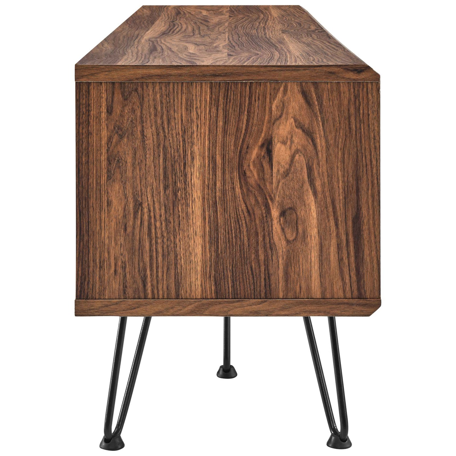 Slim walnut TV stand profile highlighting rich wood grain and splayed black hairpin legs with protective pads || EEI-6203-WAL || side_studio