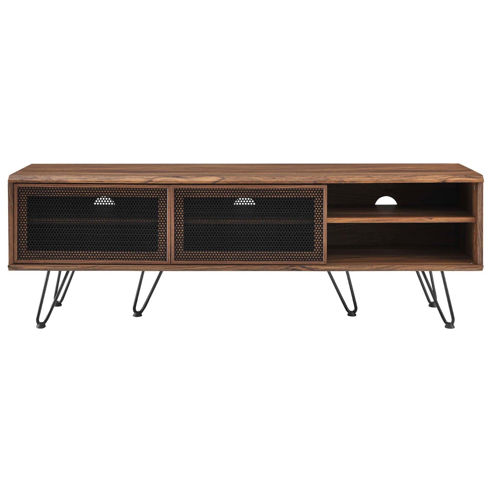 Walnut TV stand with right black mesh door open, showcasing adjustable media shelves and ventilation cutouts || EEI-6203-WAL || front_open_studio