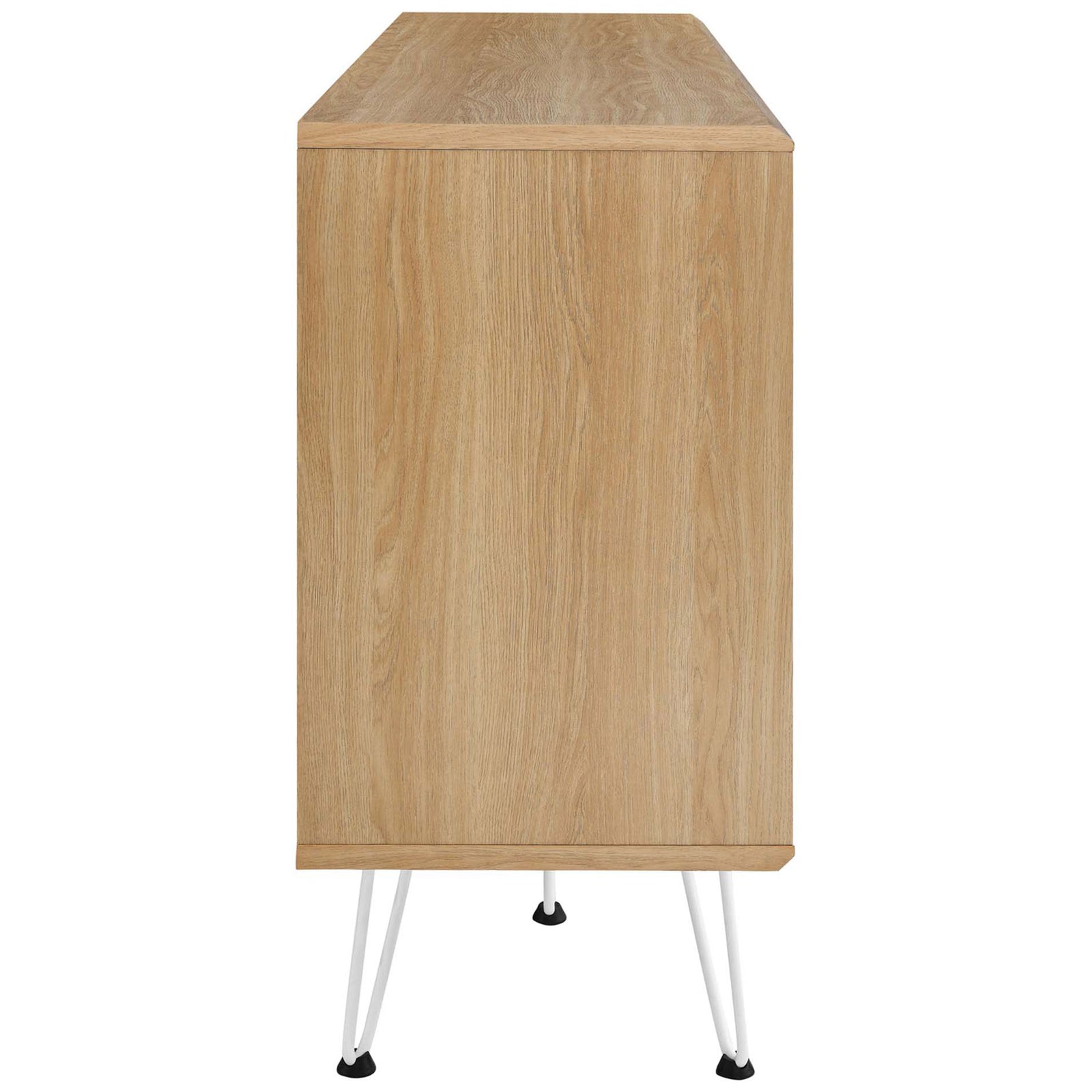 Slim oak-finished sideboard profile resting on white metal hairpin legs || EEI-6204-OAK || side_studio
