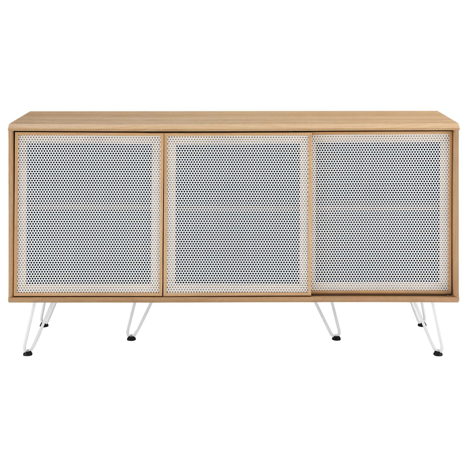 Modern oak sideboard with three white perforated sliding doors || EEI-6204-OAK || front_studio
