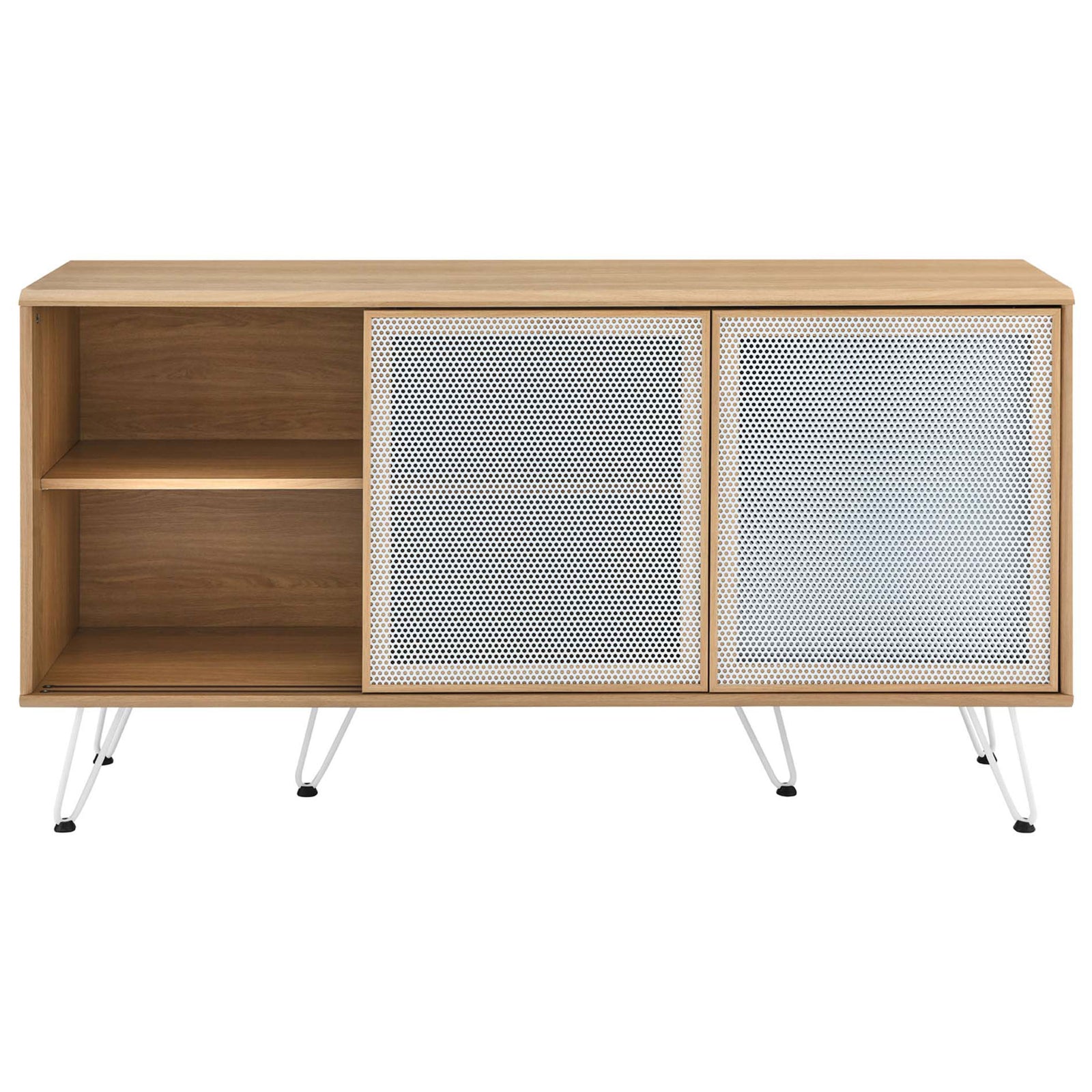Sliding mesh doors reveal spacious shelving on the left side of the sideboard || EEI-6204-OAK || front_open_studio