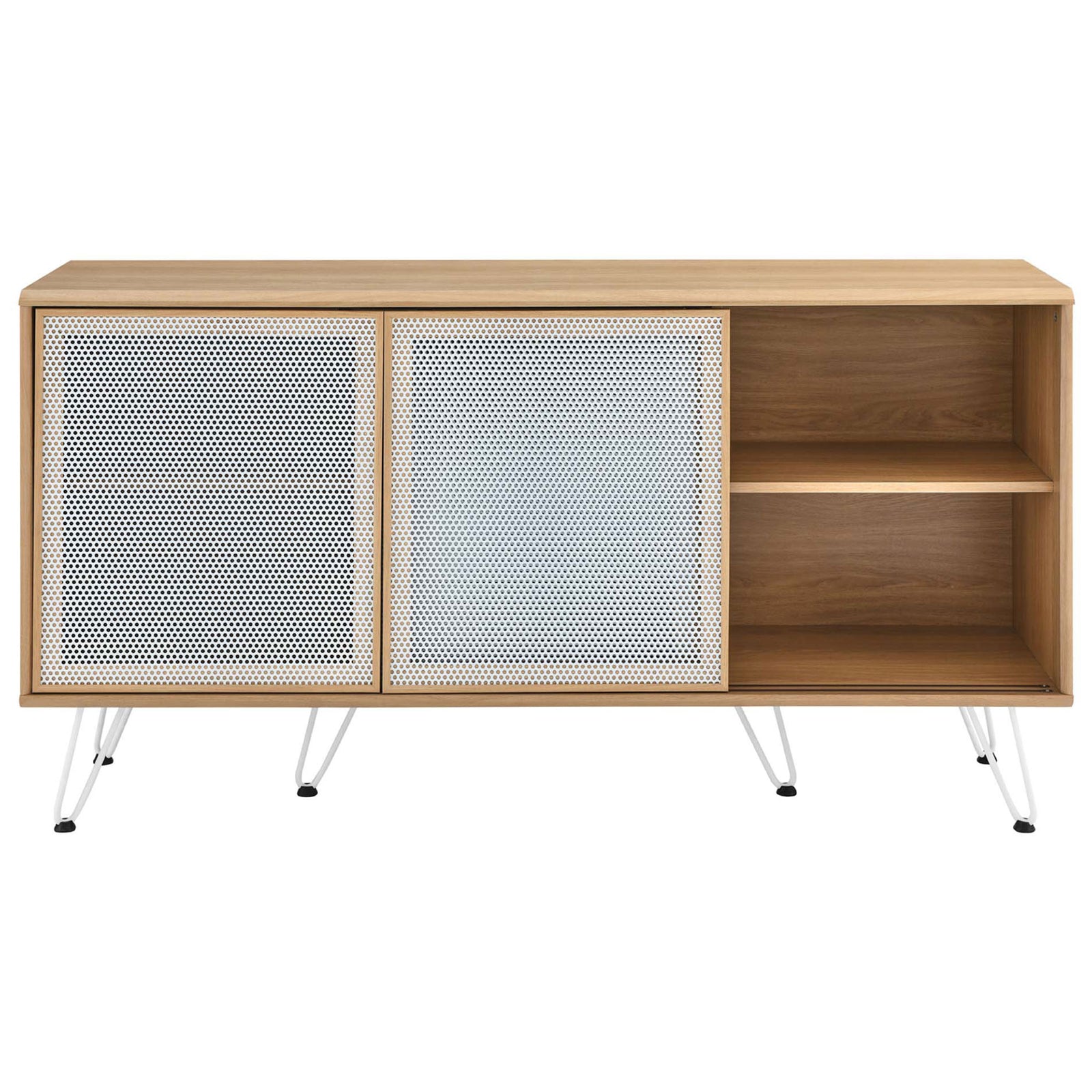 Open right-side shelving offers versatile storage behind the sliding mesh doors || EEI-6204-OAK || front_open_studio