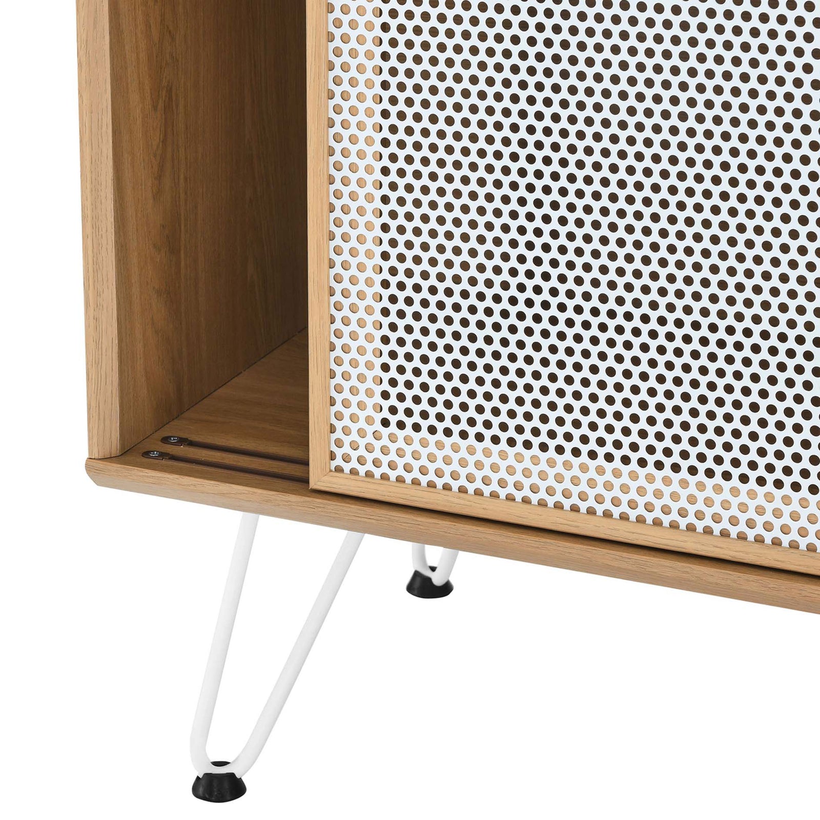 White hairpin leg and rounded oak frame detail on the sideboard || EEI-6204-OAK || leg_studio