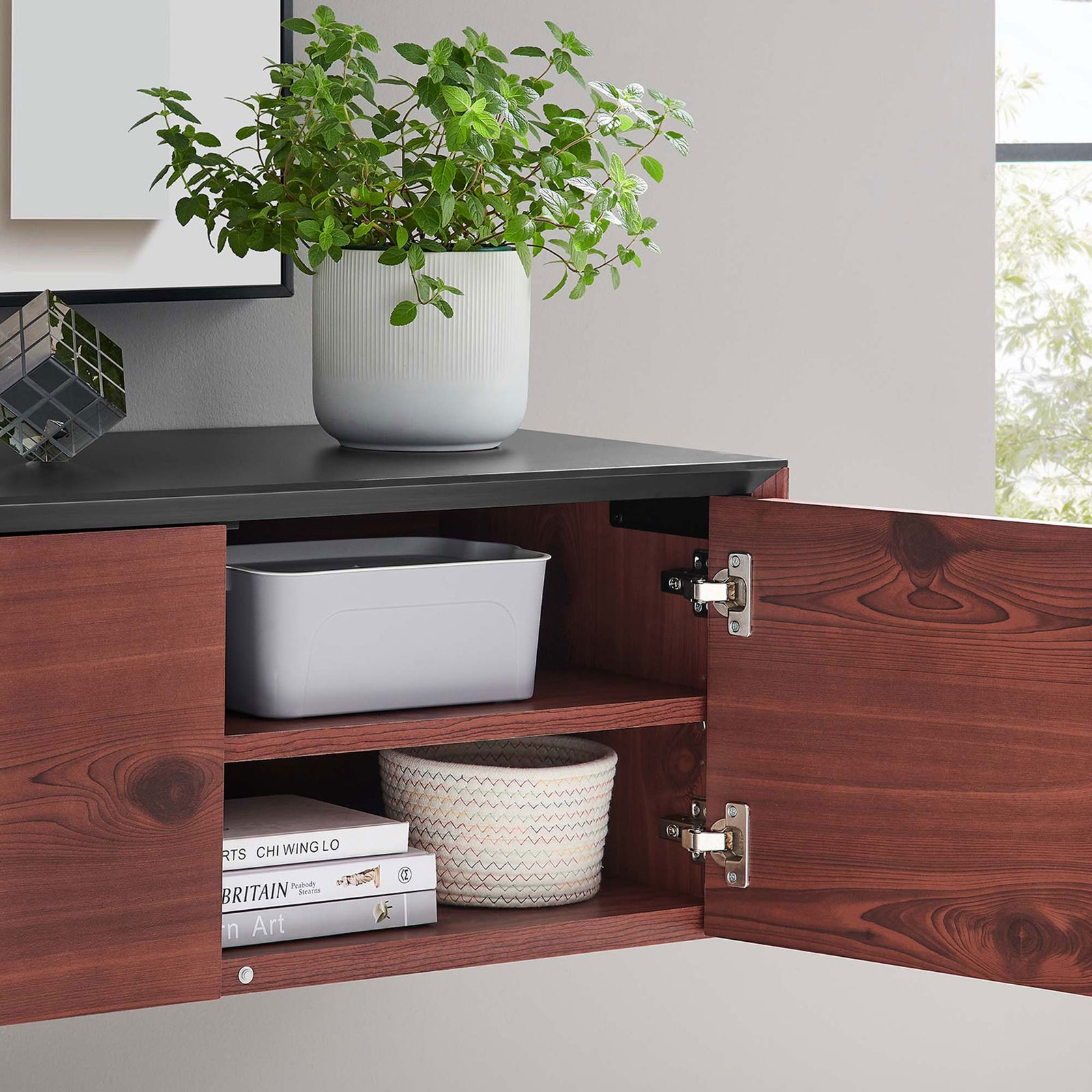 Wall cabinet interior storing baskets and bins on adjustable wood shelf || EEI-6205-BLK-CHE || storage_open_room