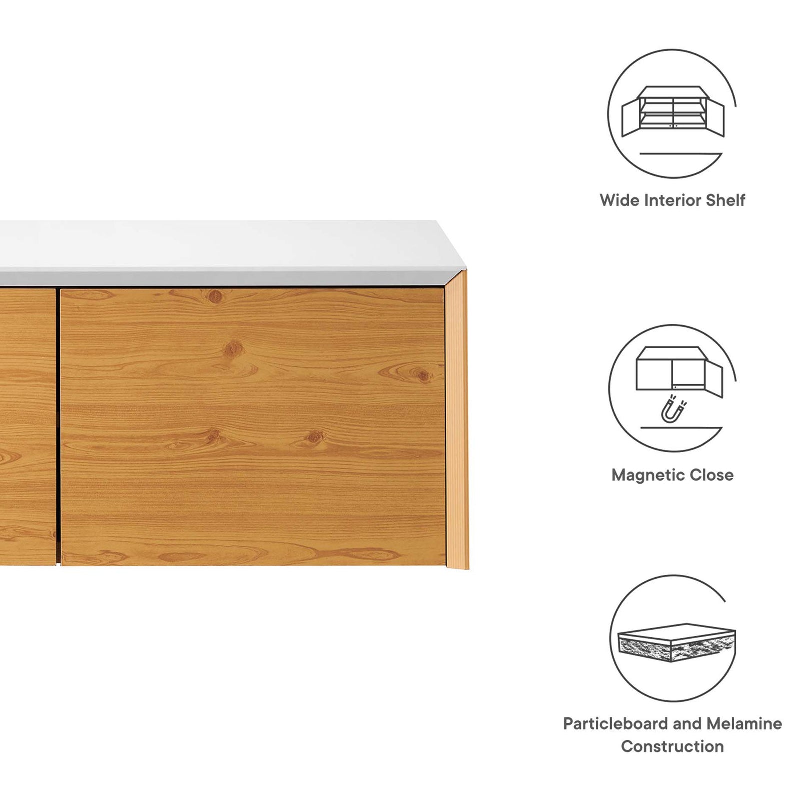 Cabinet feature callouts for wide shelf, magnetic close, and construction || EEI-6205-WHI-NAT || callout_studio