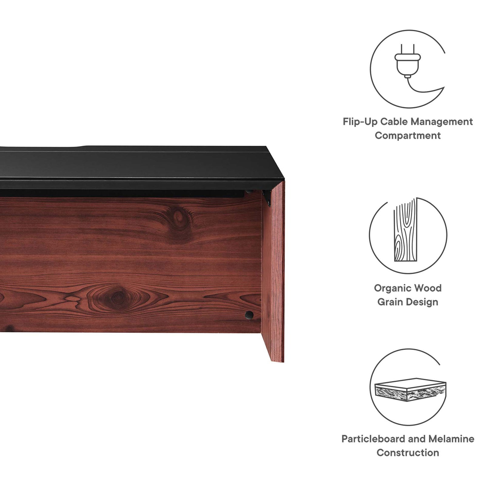 Flip-up cable access, organic wood grain, and durable particleboard with melamine top || EEI-6206-BLK-CHE || callout_studio