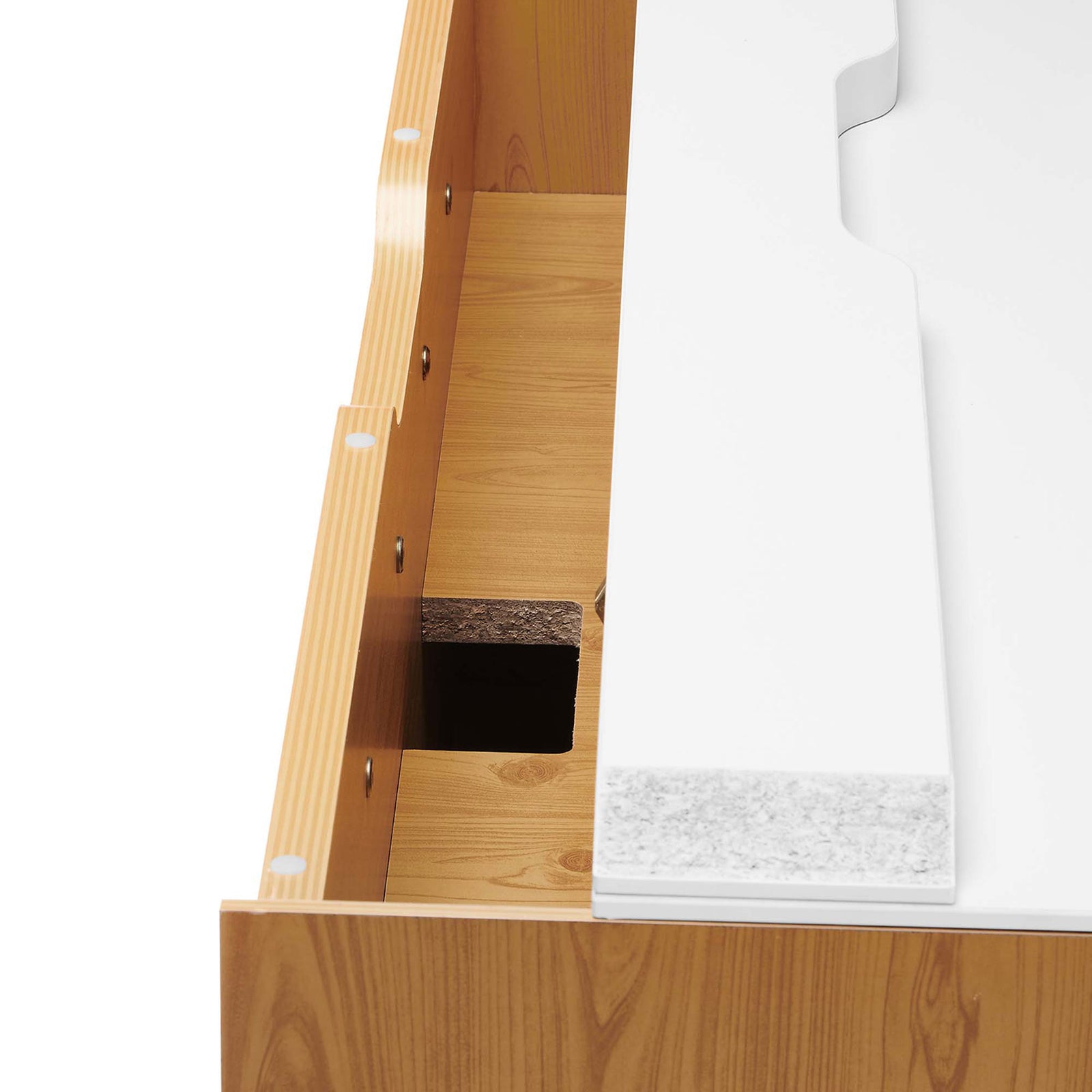 Hidden cable management compartment keeps cords tidy and out of sight. || EEI-6206-WHI-NAT || storage_open_studio