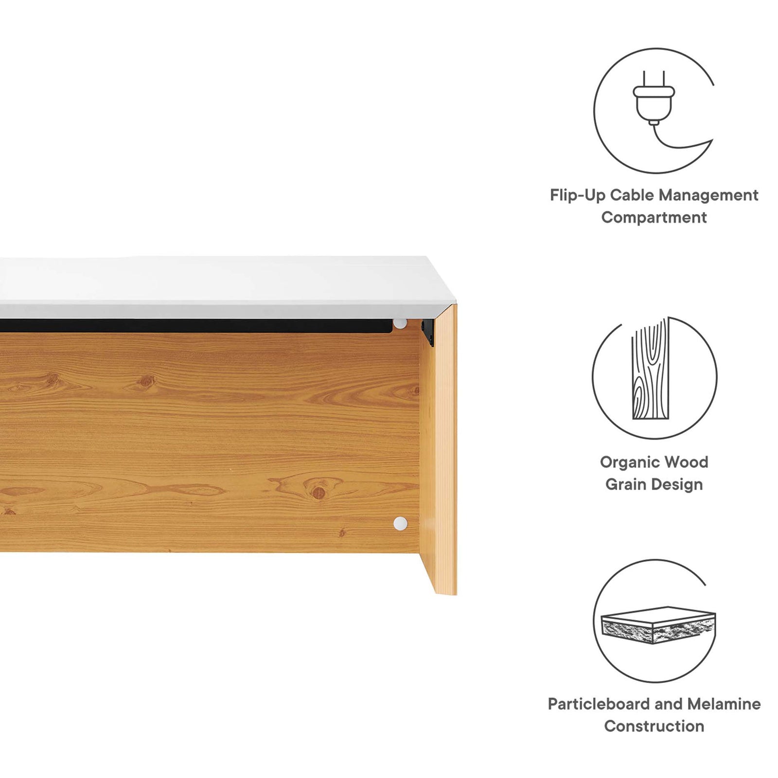 Contemporary wall desk featuring a durable melamine top and organic wood grain. || EEI-6206-WHI-NAT || callout_studio