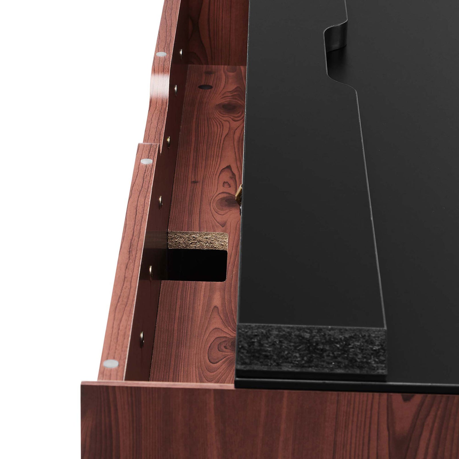 Flip-up cable management bay opens to organize power strips and cords || EEI-6207-BLK-CHE || storage_open_studio
