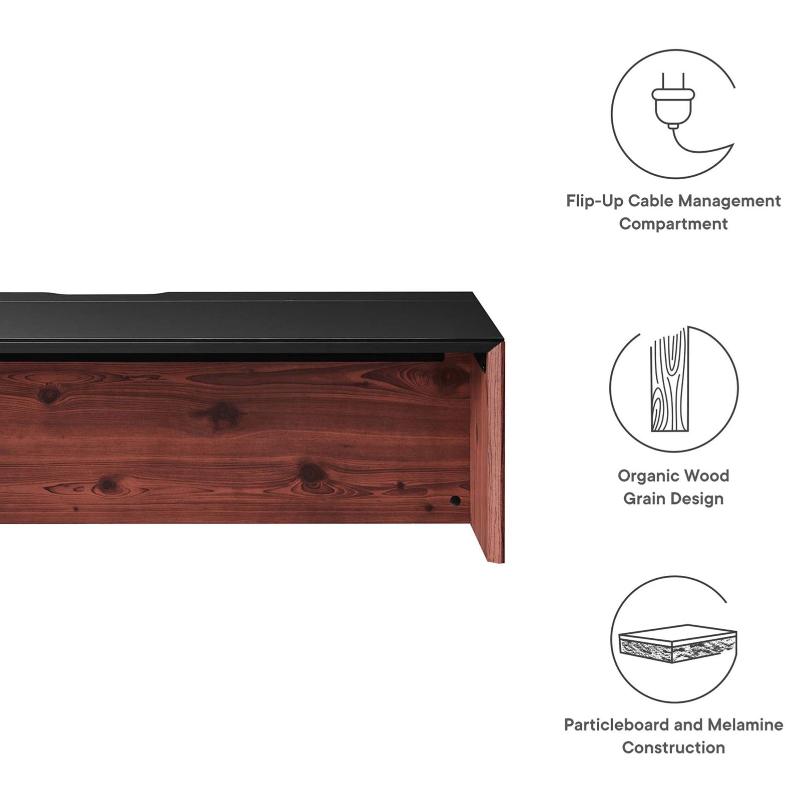 Flip-up cable access, natural wood grain look, and durable particleboard construction || EEI-6207-BLK-CHE || callout_studio
