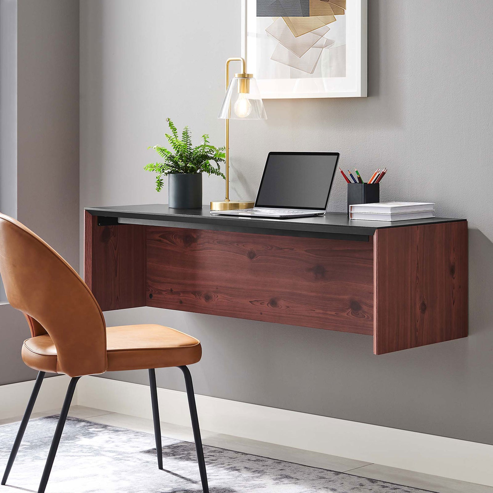 Floating desk in a contemporary room scene creating an airy, organized workstation || EEI-6207-BLK-CHE || front_angle_room