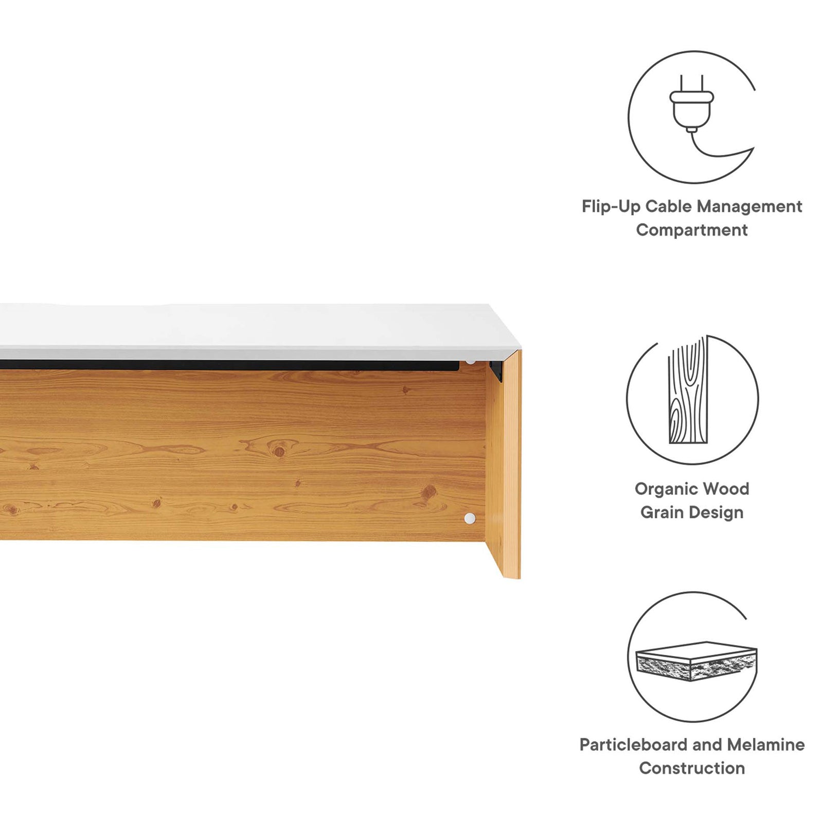 Durable construction with melamine top and wood-look panels for everyday use. || EEI-6207-WHI-NAT || callout_studio