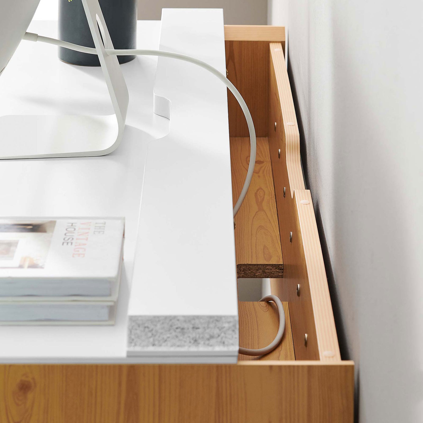 Concealed cable tray routes wires neatly along the back for a clean desktop. || EEI-6207-WHI-NAT || storage_open_room