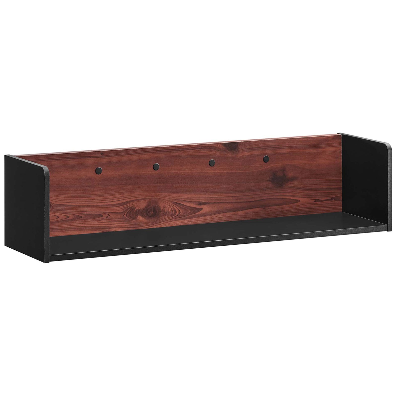 Contemporary black and cherry wall shelf featuring rounded side panels and four circular mounting cutouts. || EEI-6208-BLK-CHE || front_angle_studio