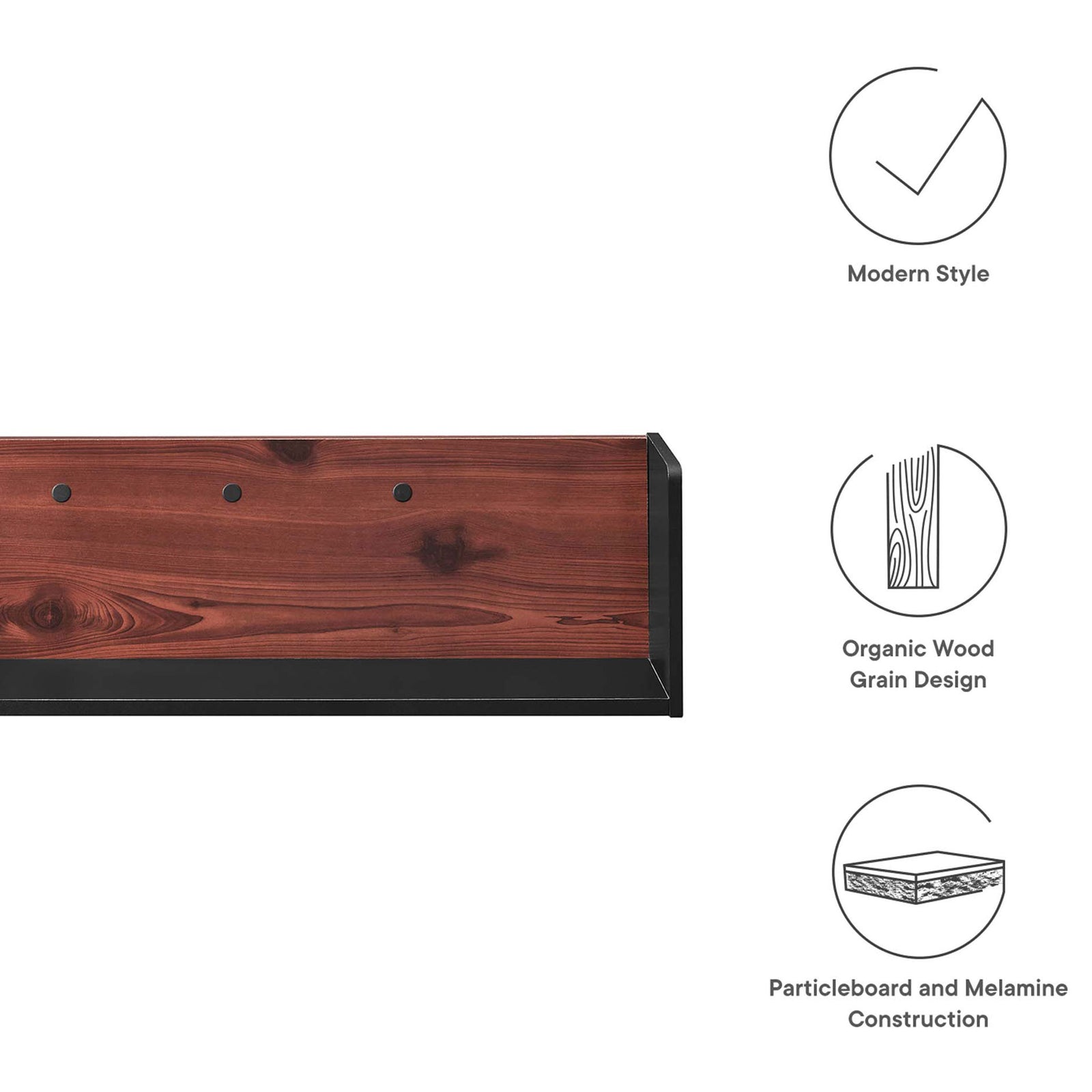 Black cherry wall shelf with modern style, organic wood grain detail, and sturdy particleboard melamine construction. || EEI-6208-BLK-CHE || callout_studio