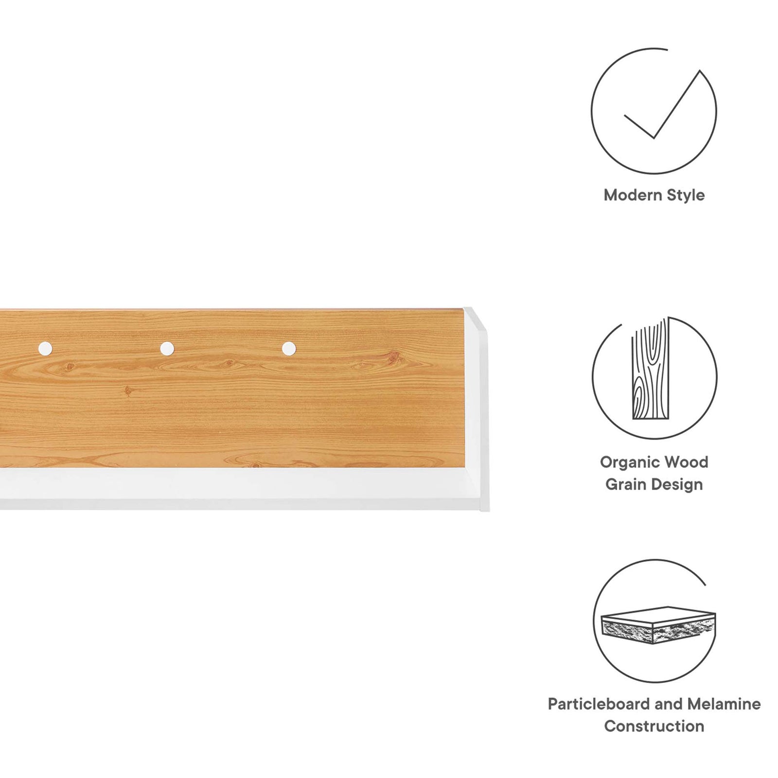 White and natural wall shelf with modern style, wood grain detail, and durable particleboard melamine design. || EEI-6208-WHI-NAT || callout_studio