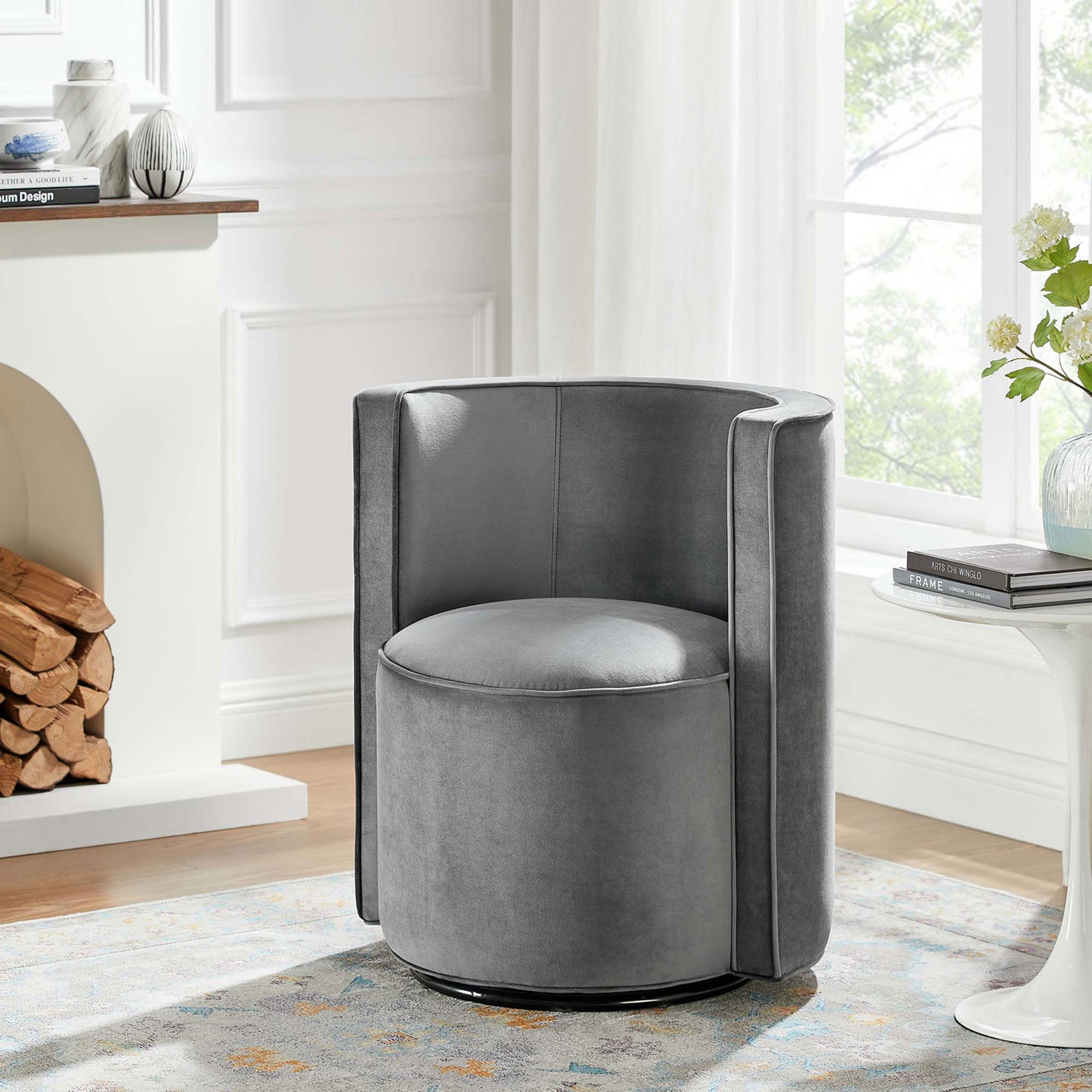 Elevates living spaces with a modern barrel form and luxe gray velvet sheen || EEI-6222-GRY || front_room