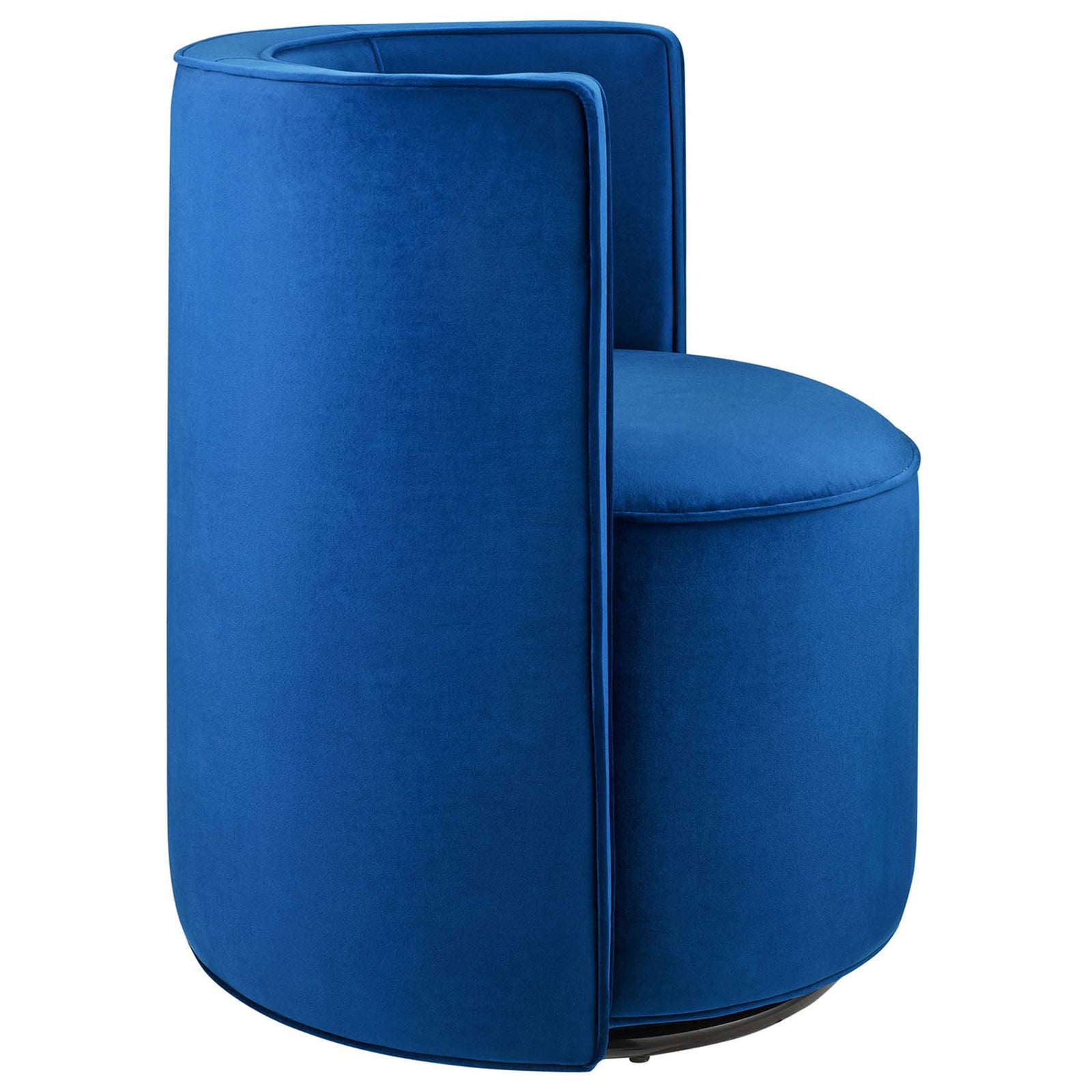 Smooth curved backrest with refined piping highlights this navy performance velvet swivel chair || EEI-6222-NAV || back_angle_studio