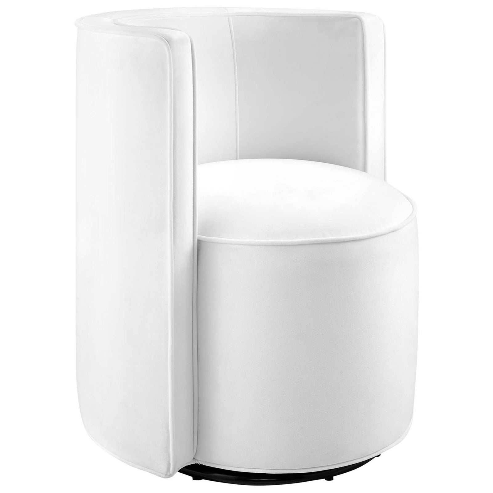 Compact white performance velvet swivel chair with wraparound back and plush seat on a matte black base || EEI-6222-WHI || front_angle_studio